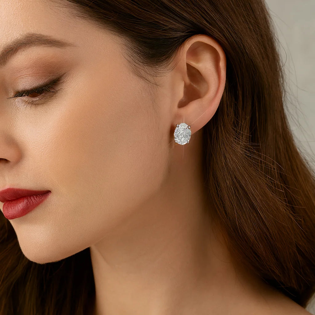 925 Silver Plated Crystal Oval Stud Earrings for Women