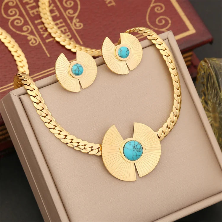 Stainless Steel Flat Snake Chain Turquoise Set