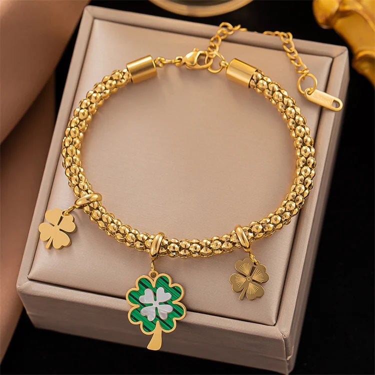 18K Gold Titanium Steel Clover Seashell Bracelet for Women