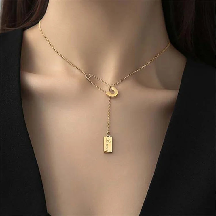 Titanium Steel Gold Plated Square Tassel Necklace