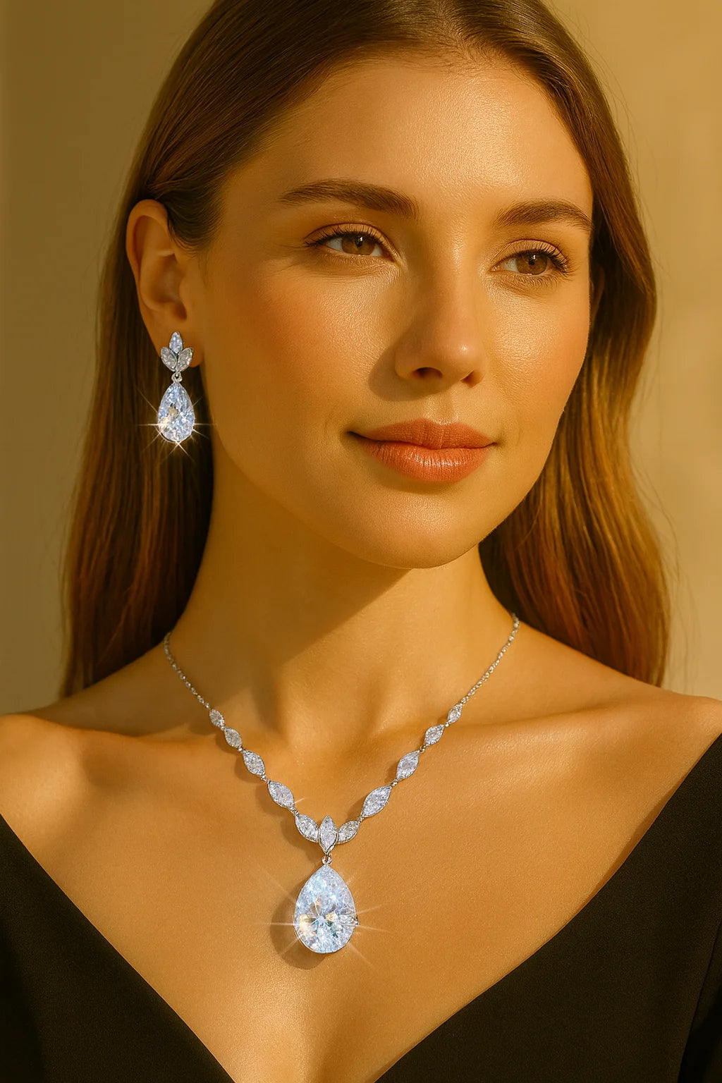 Rose Gold Leaf Water Drop Zircon Bridal Jewelry Set