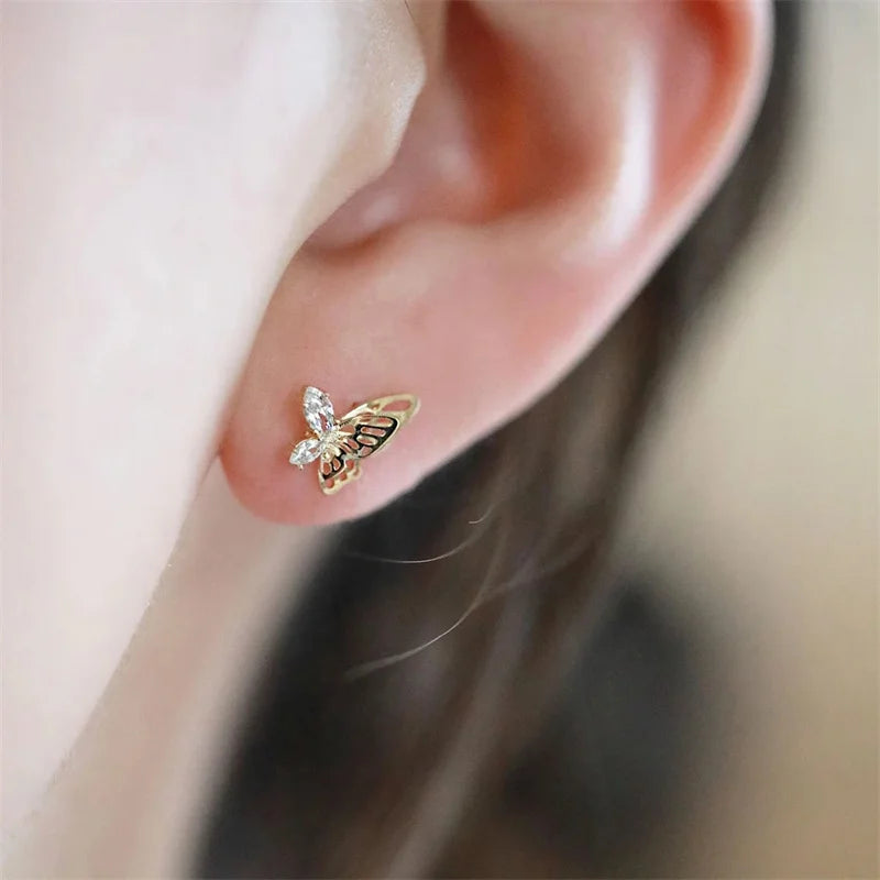 Gold CZ Double-Layer Butterfly Earrings