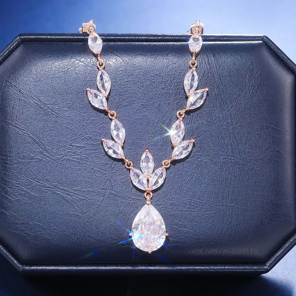Rose Gold Leaf Water Drop Zircon Bridal Jewelry Set