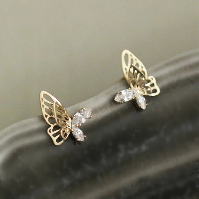 Gold CZ Double-Layer Butterfly Earrings