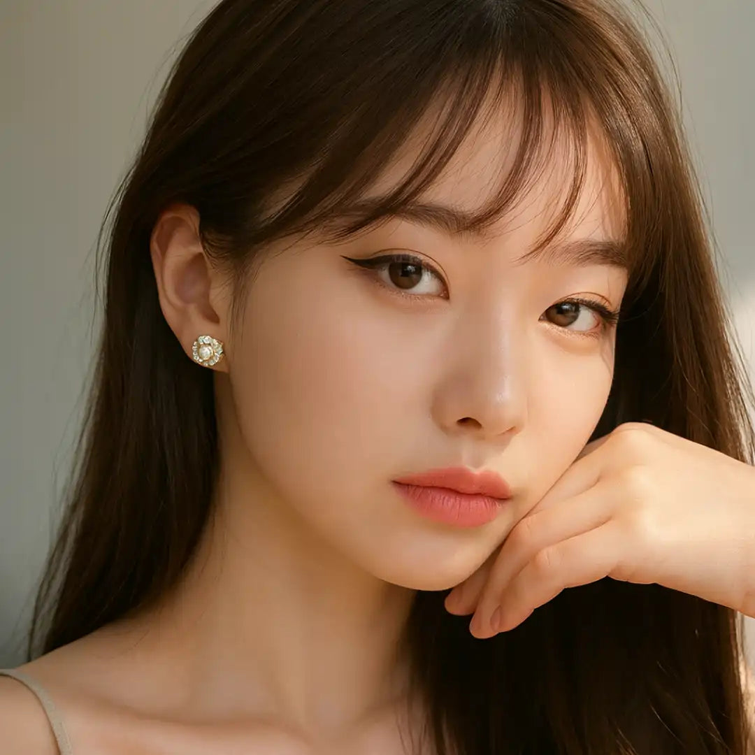 Gold Plated Camellia Pearl Stud Earrings