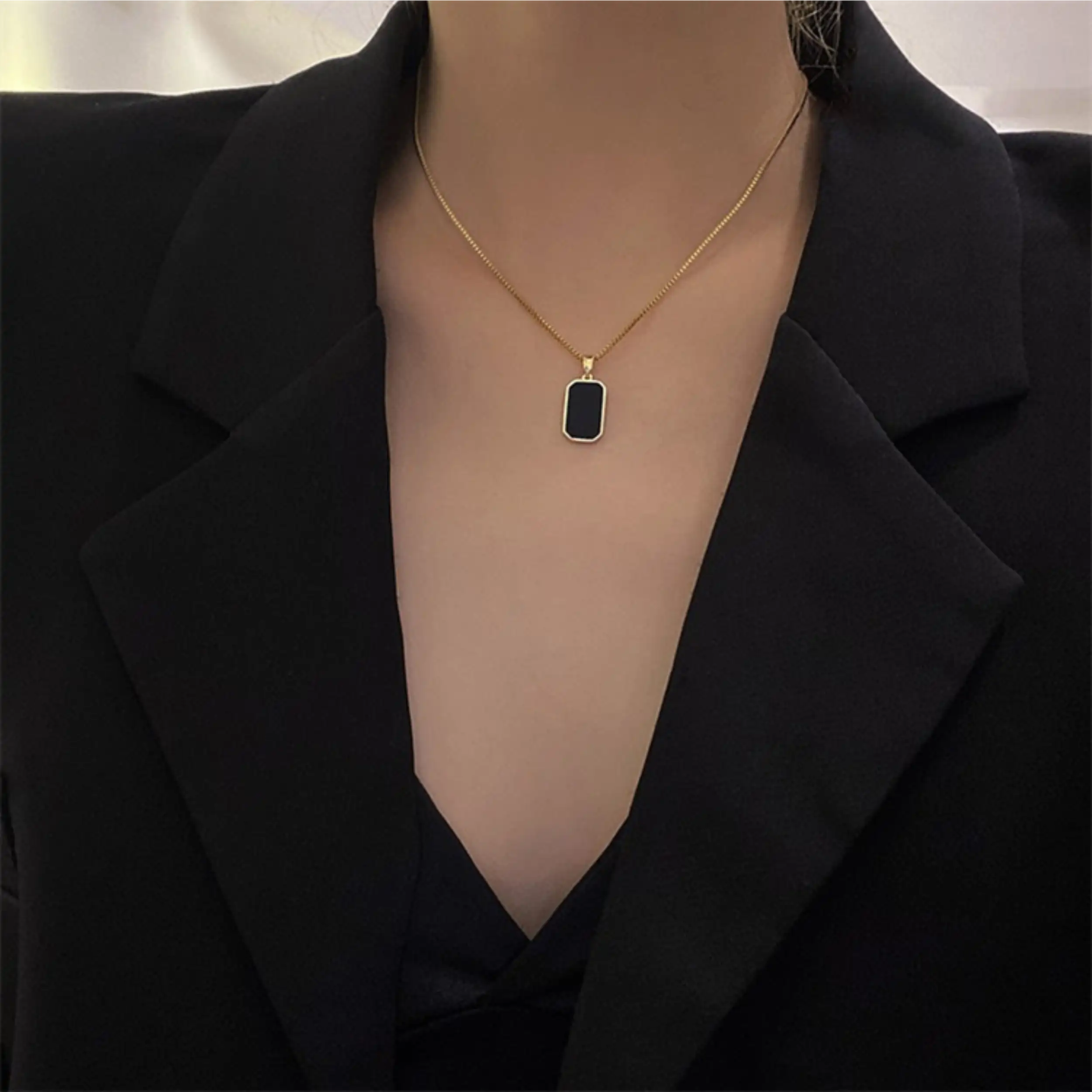 18K Gold Black Enamel Rectangle Necklace