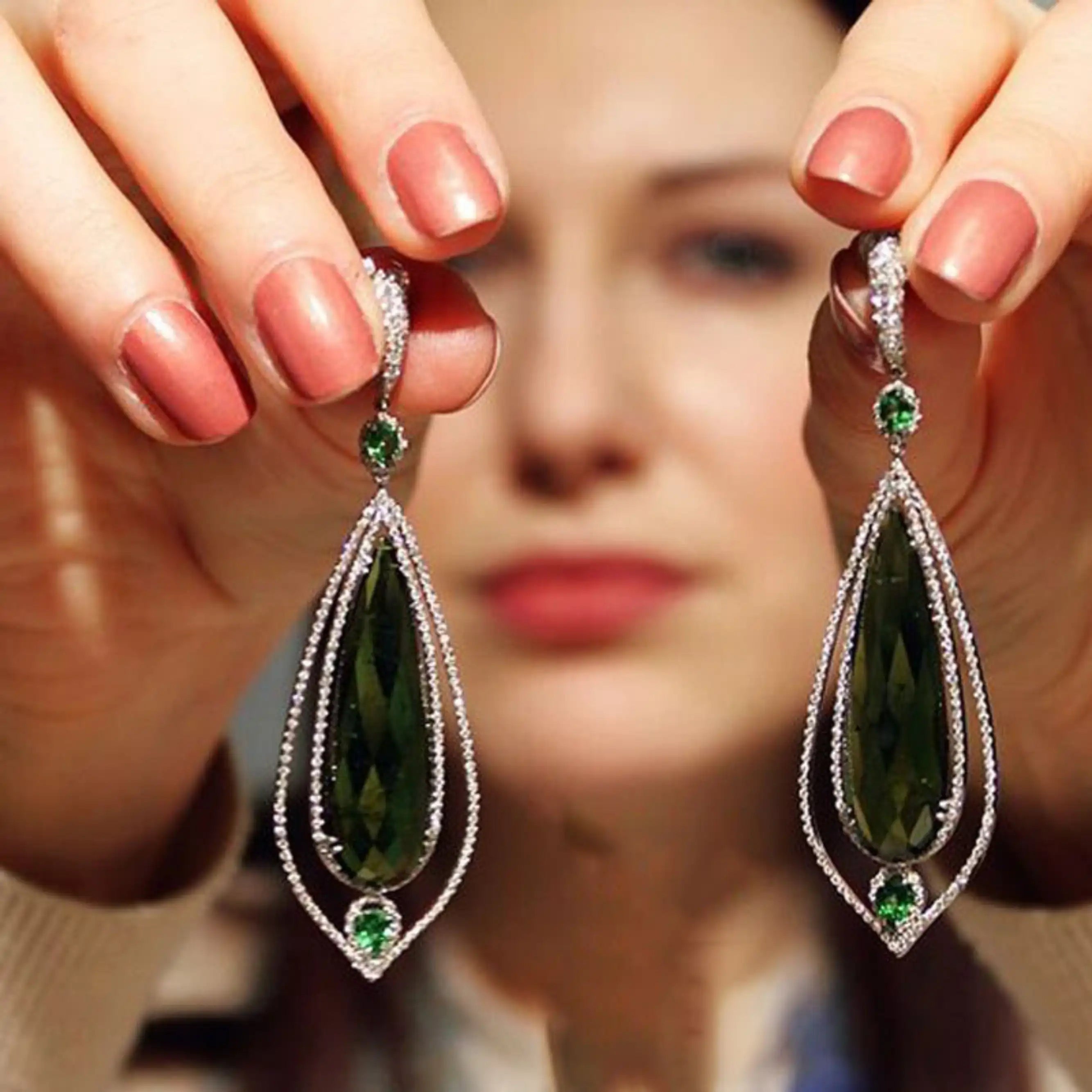 Emerald CZ Geometric Drop Earrings