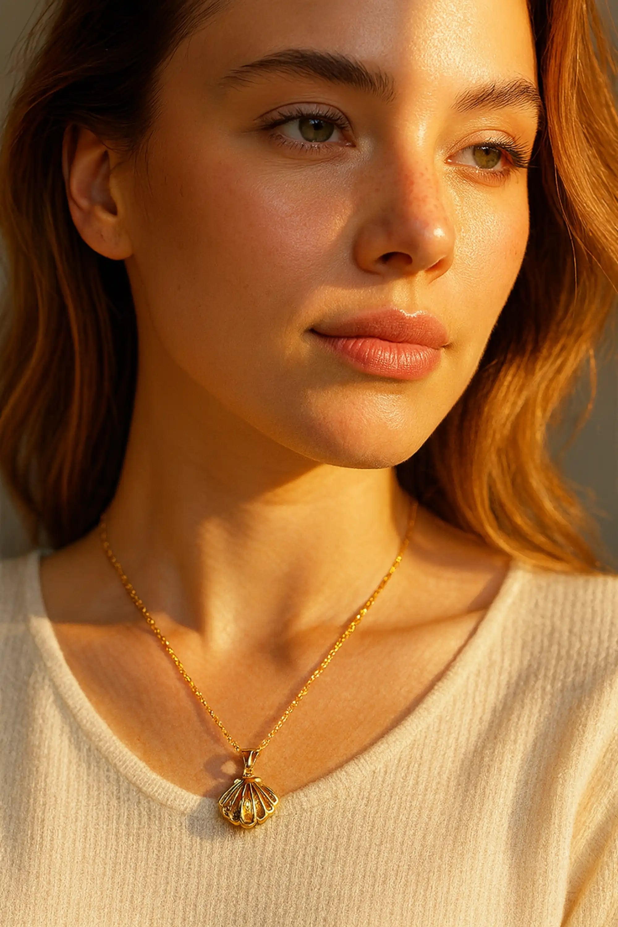 Gold Seashell Zircon Pearl Necklace