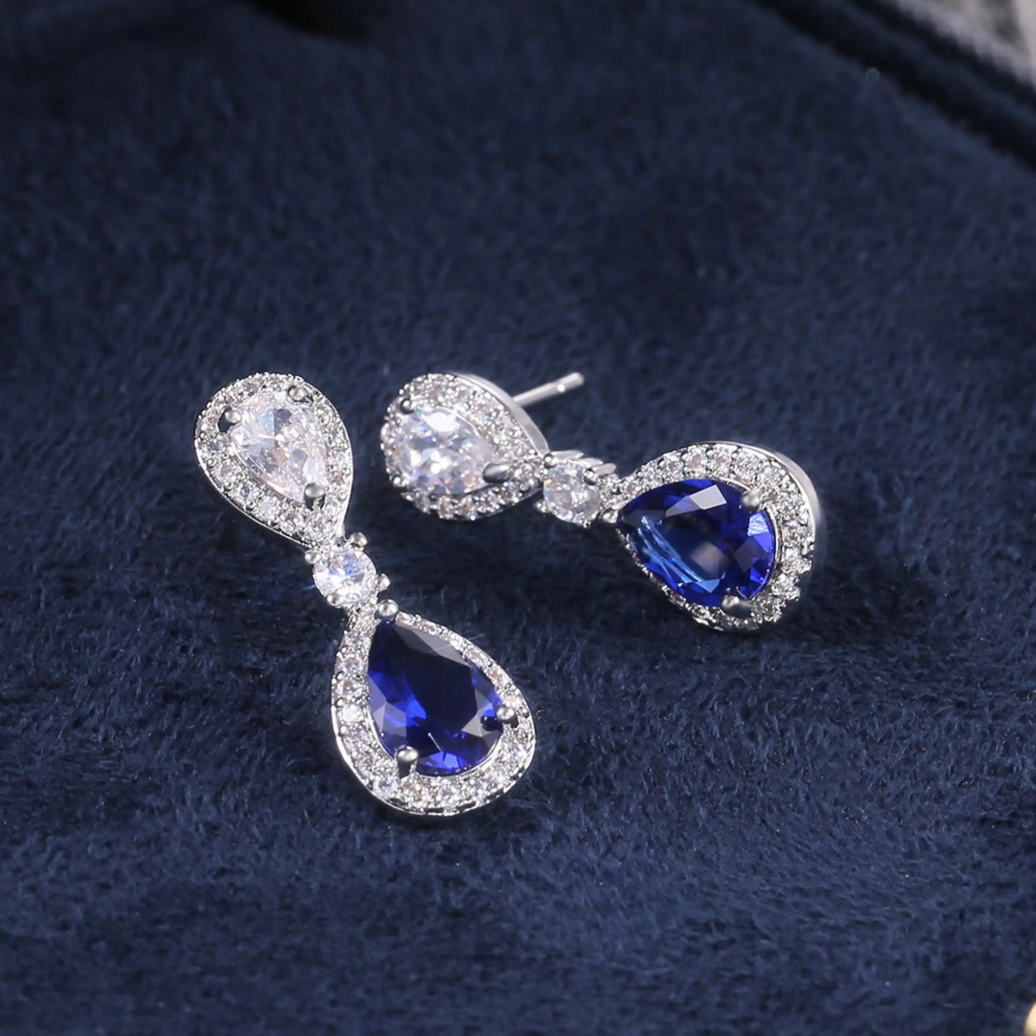 Silver Plated Blue CZ Water Drop Wedding Earrings for Women