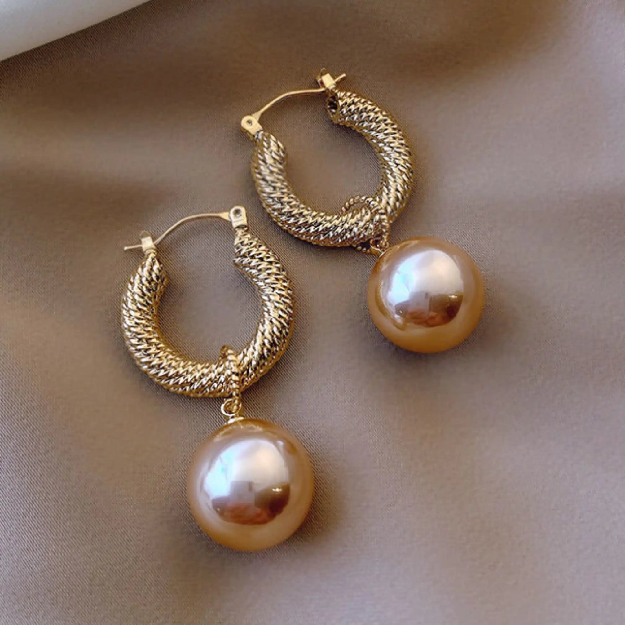 Opulent Champagne Pearl Hoop Earrings