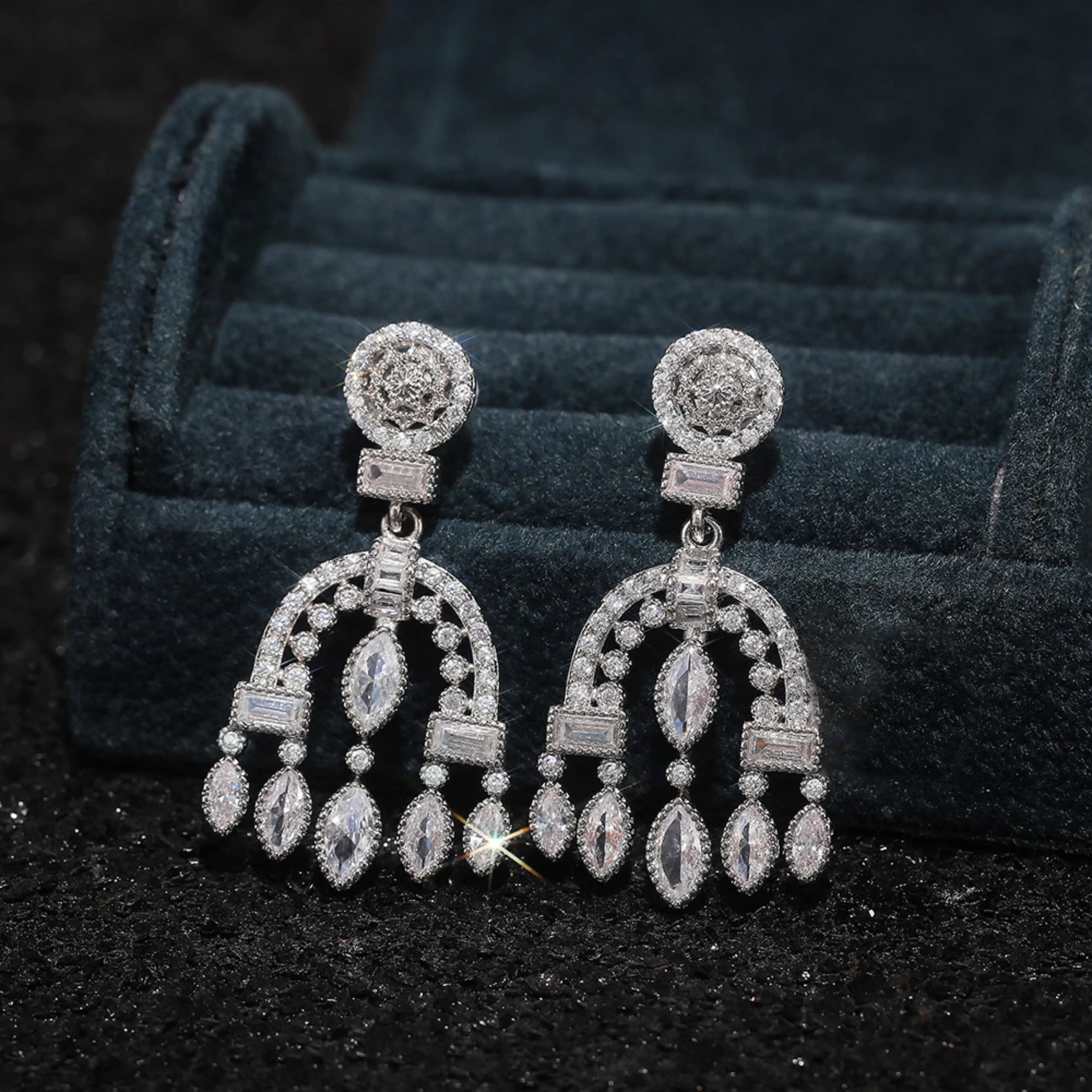 Luxury CZ Crystal Long Bridal Drop Earrings for Women