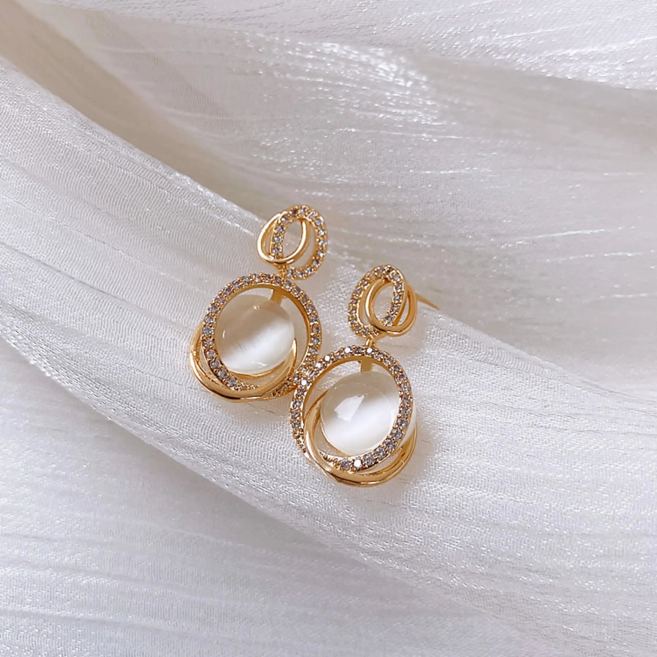 Gold Plated Oval Moonstone CZ Engagement Earrings