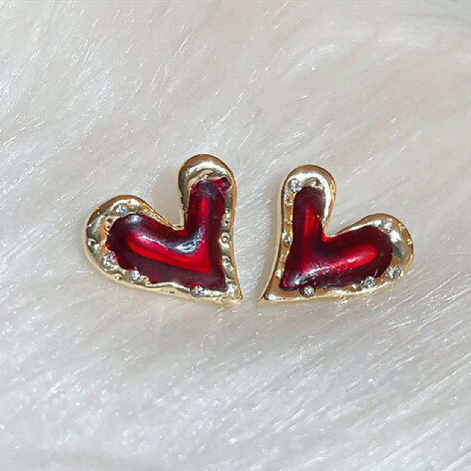 14K Gold Plated Elegant Red Heart Stud Earrings