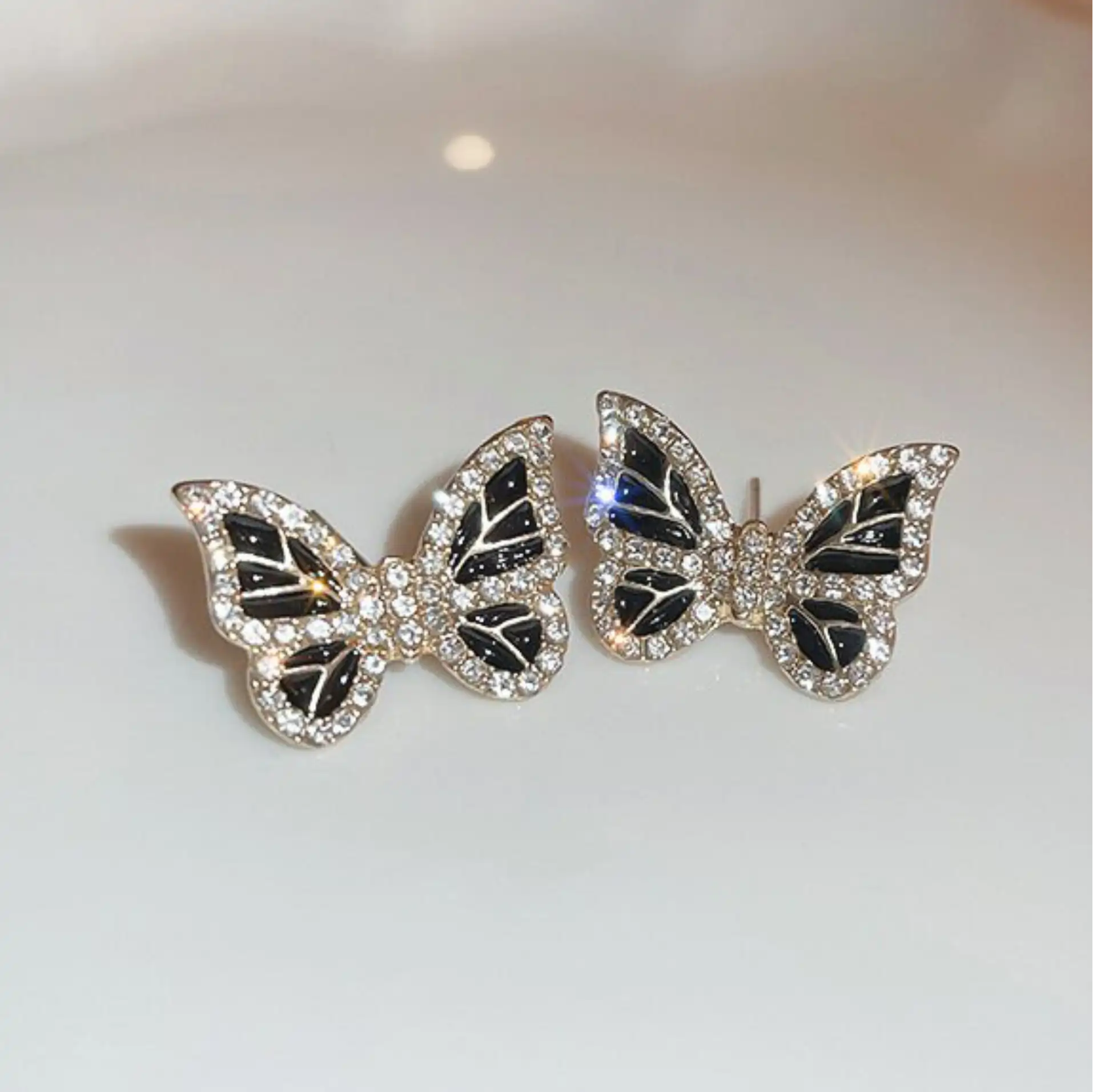 S925 Post Black CZ Butterfly Stud Earrings