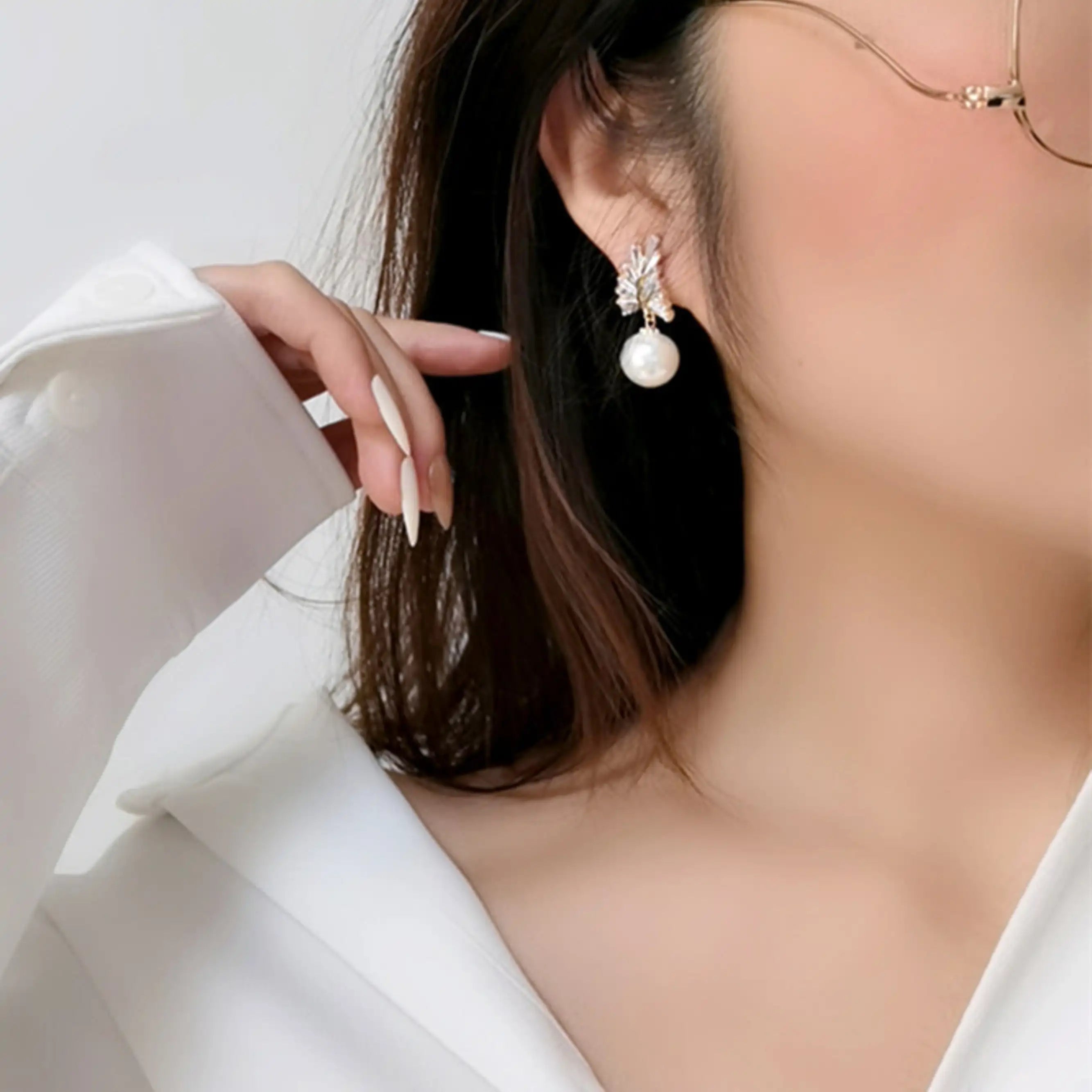 18K Gold Pearl CZ Leaf Drop Earrings