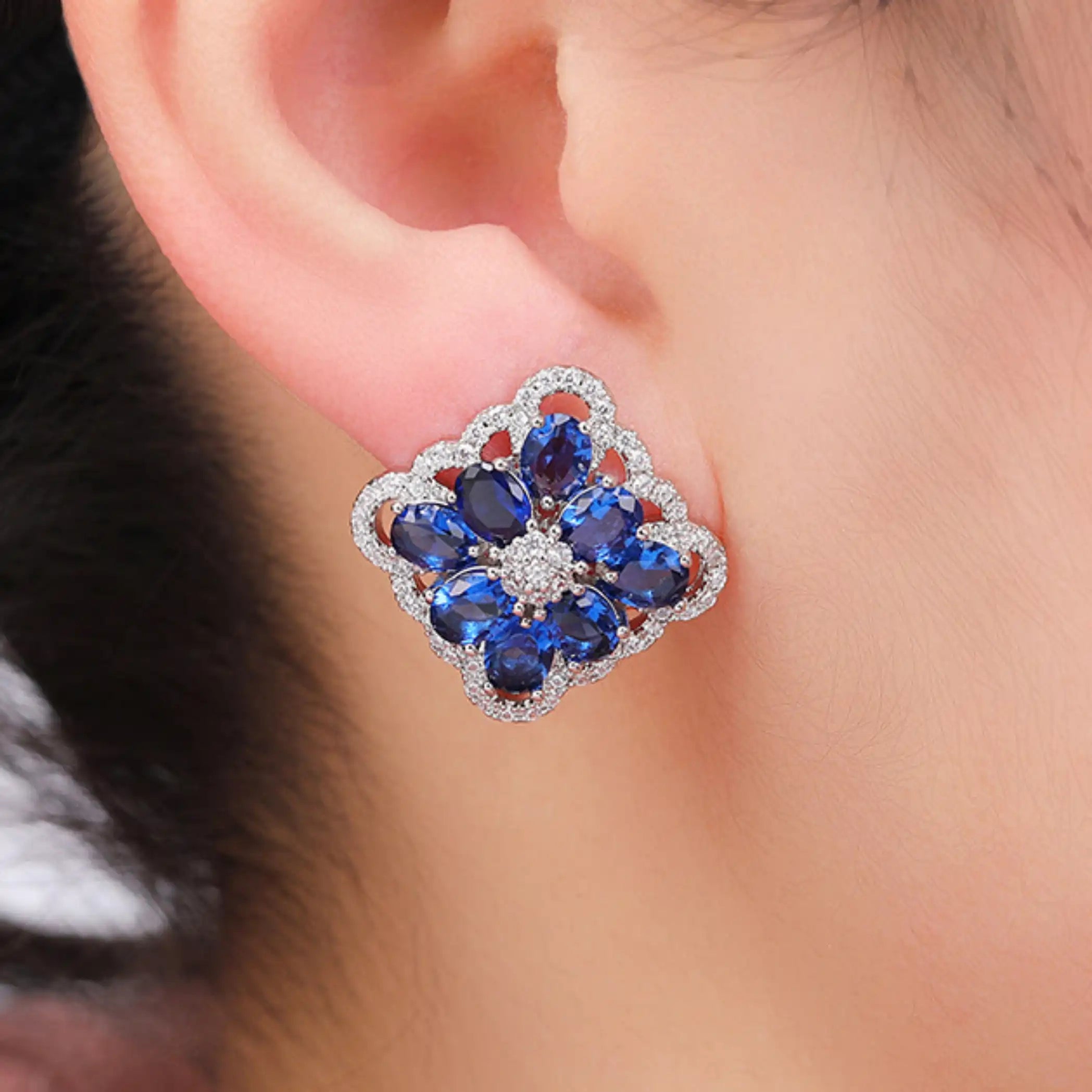 Exquisite Blue CZ Flower Drop 925 Silver Coating Earrings