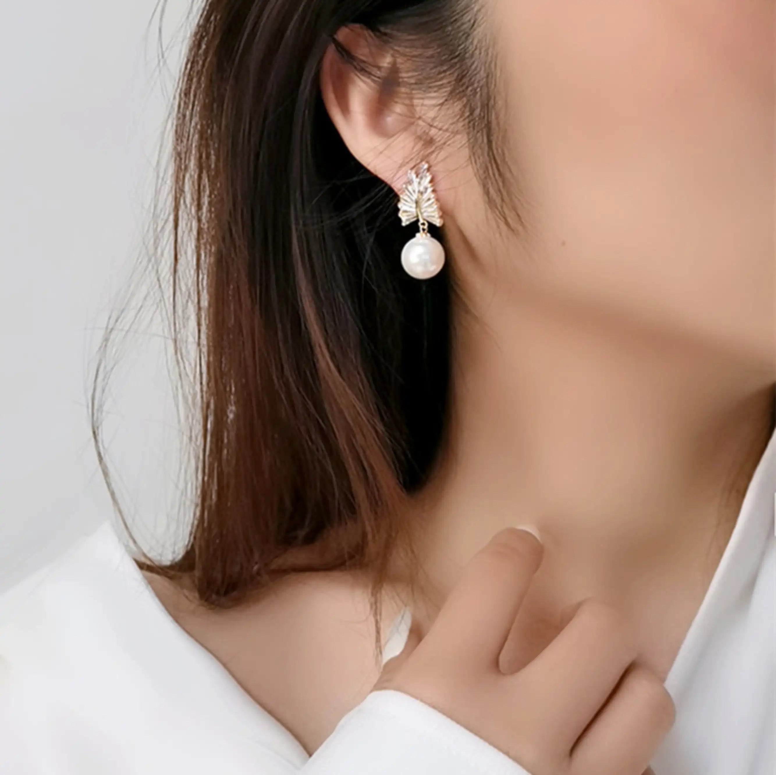 18K Gold Pearl CZ Leaf Drop Earrings