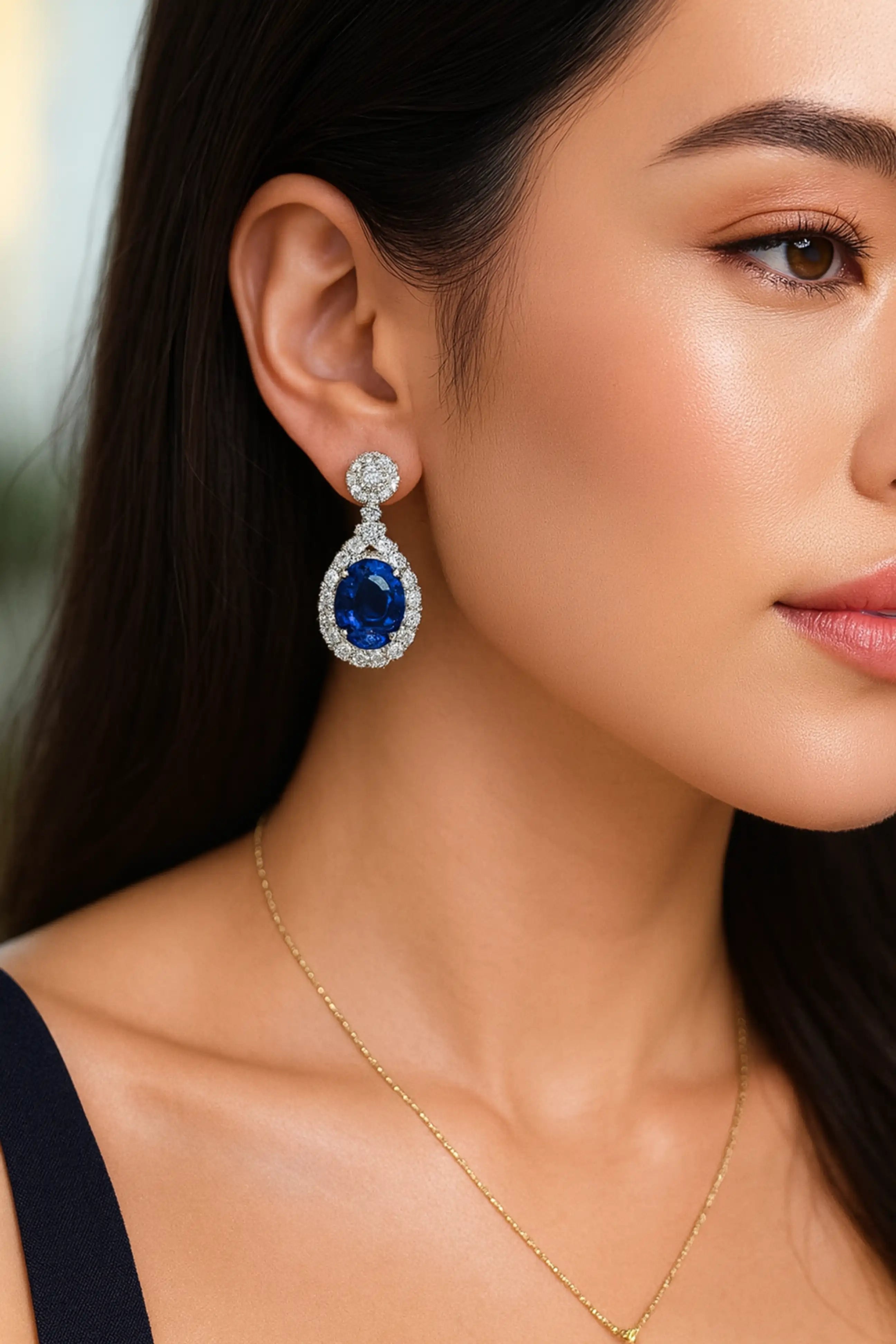 Sapphire Blue CZ Oval Drop Earrings