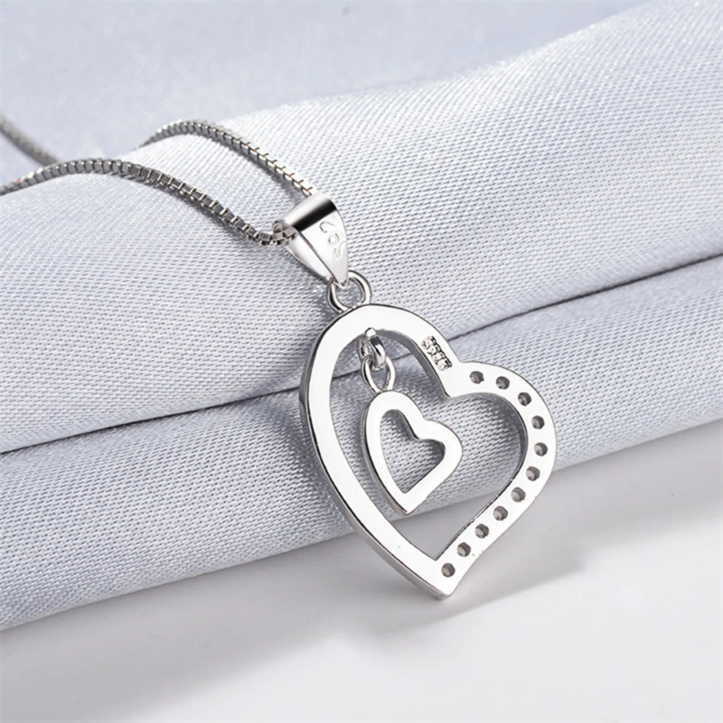Silver Double Heart Diamond Pendant Necklace