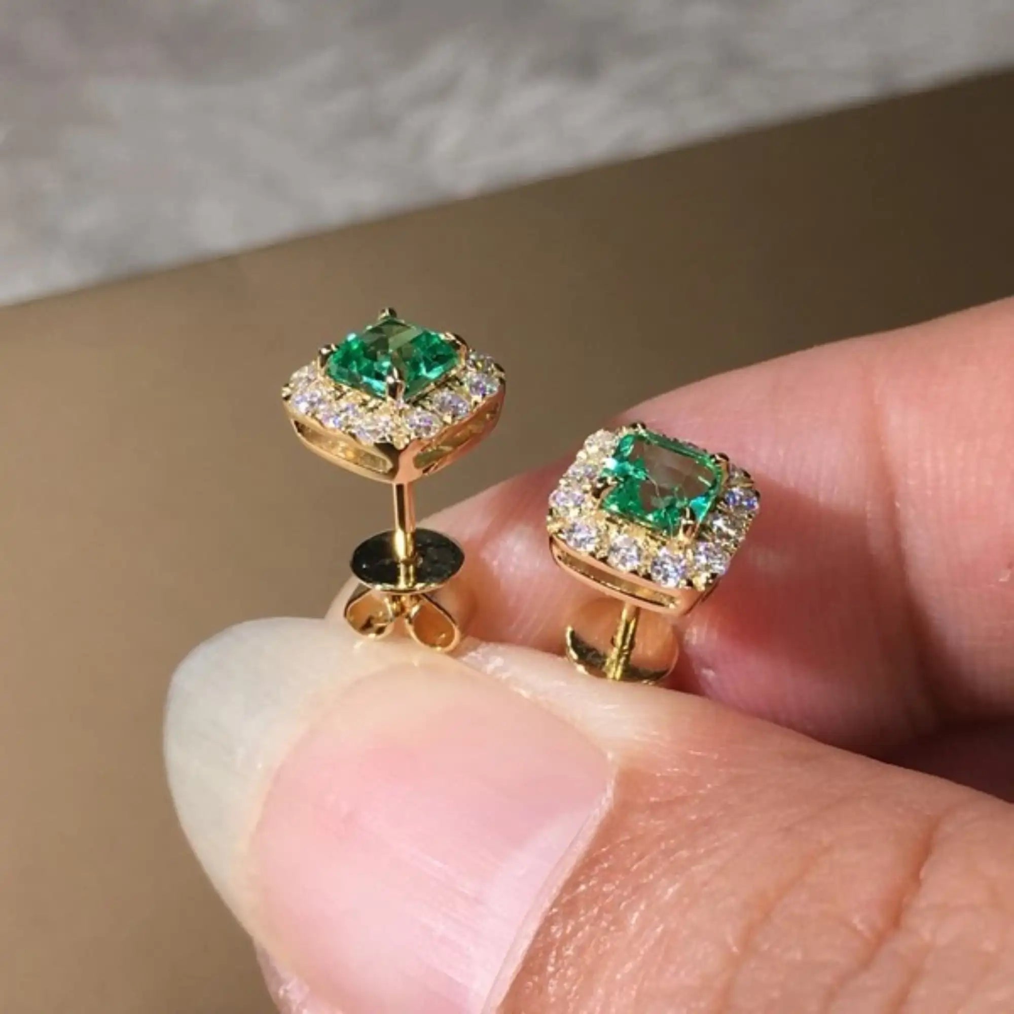 18K Gold Green CZ Stud Earrings