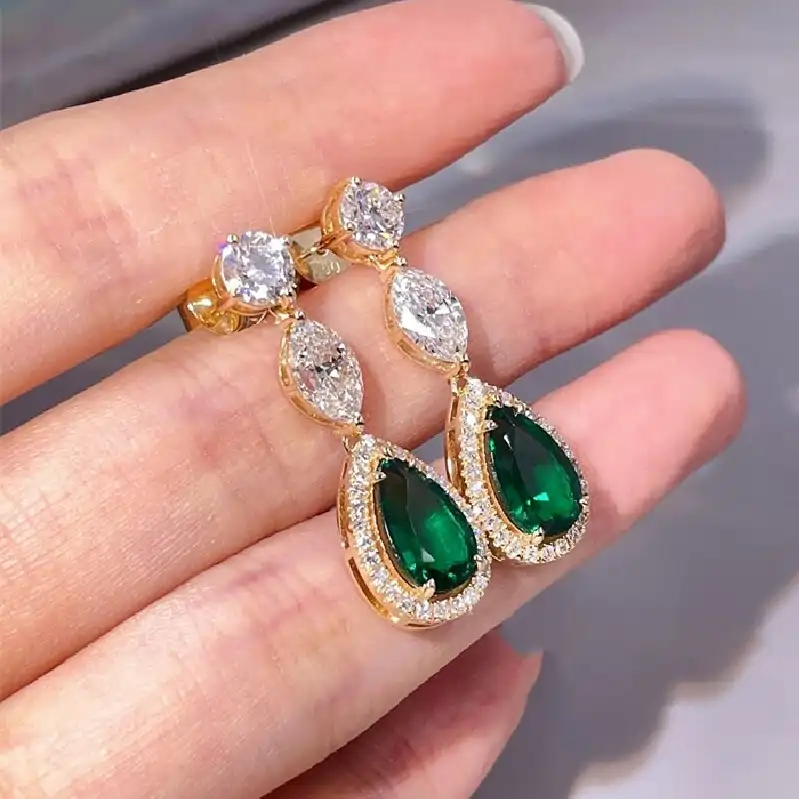 18K Gold Emerald Marquise Drop Earrings