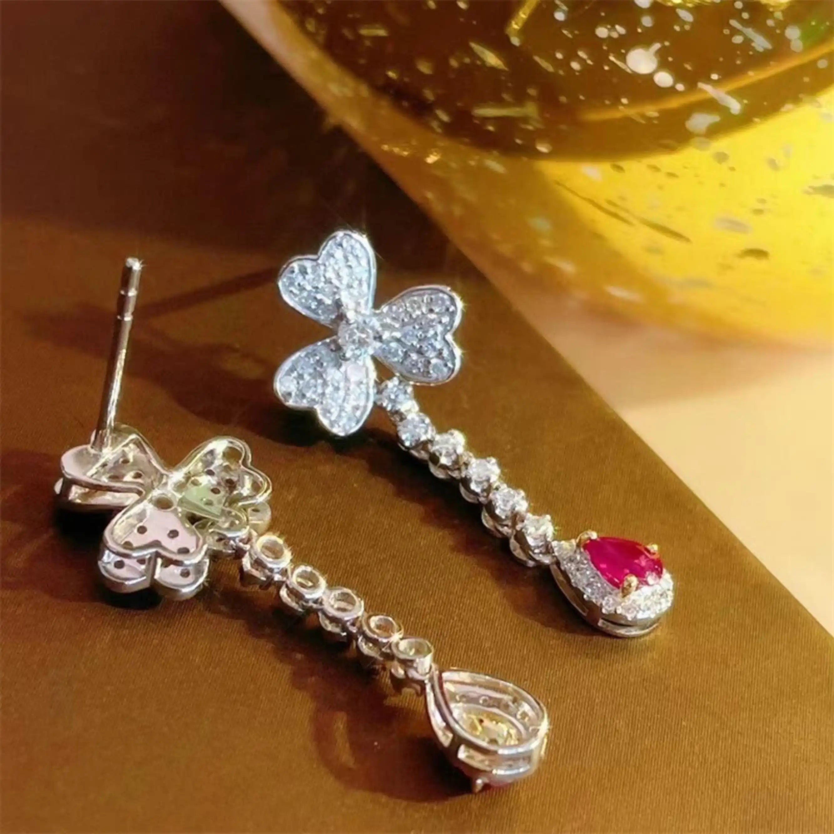 Silver Pink Crystal CZ Wedding Earrings