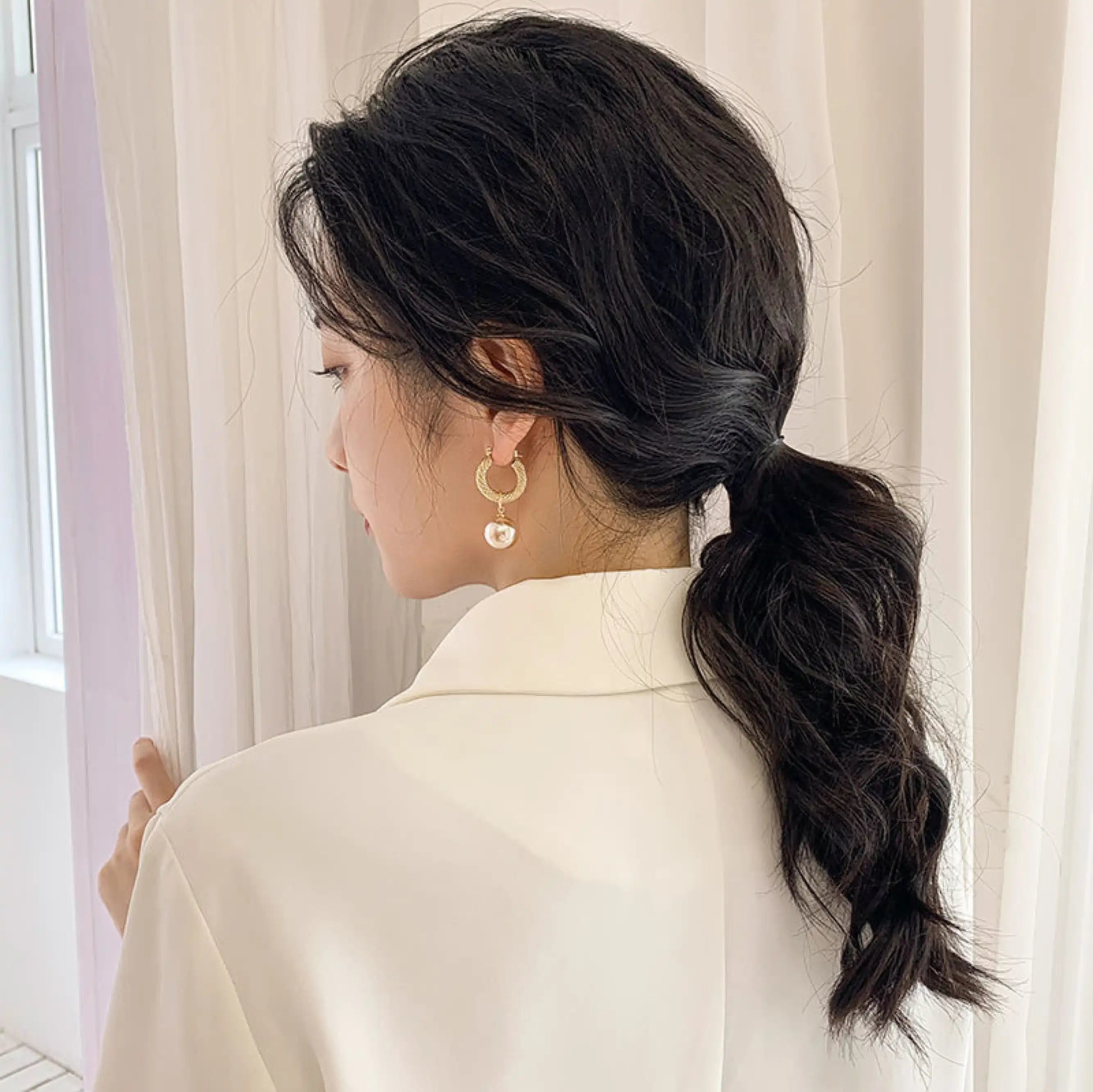 Opulent Champagne Pearl Hoop Earrings