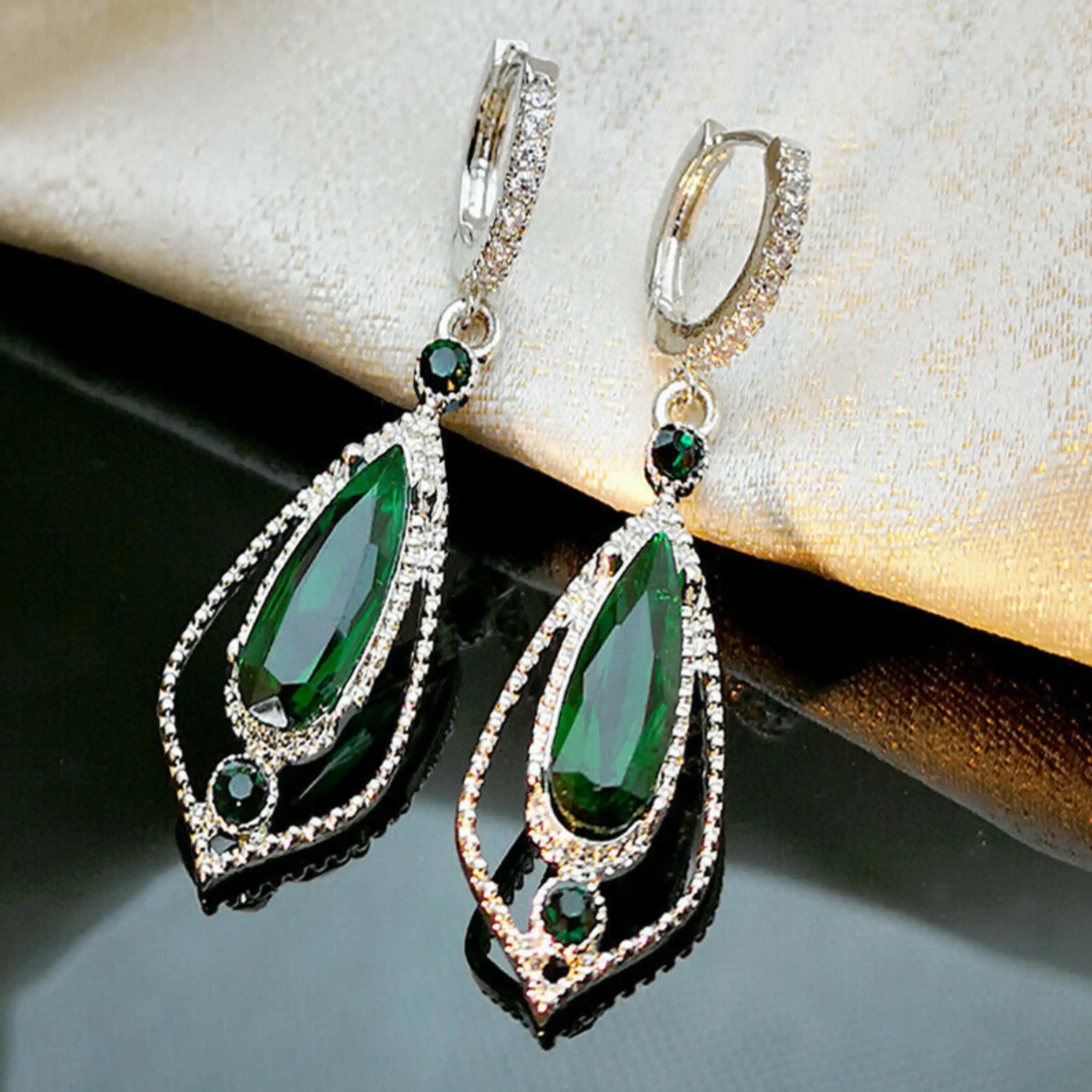 Emerald CZ Geometric Drop Earrings