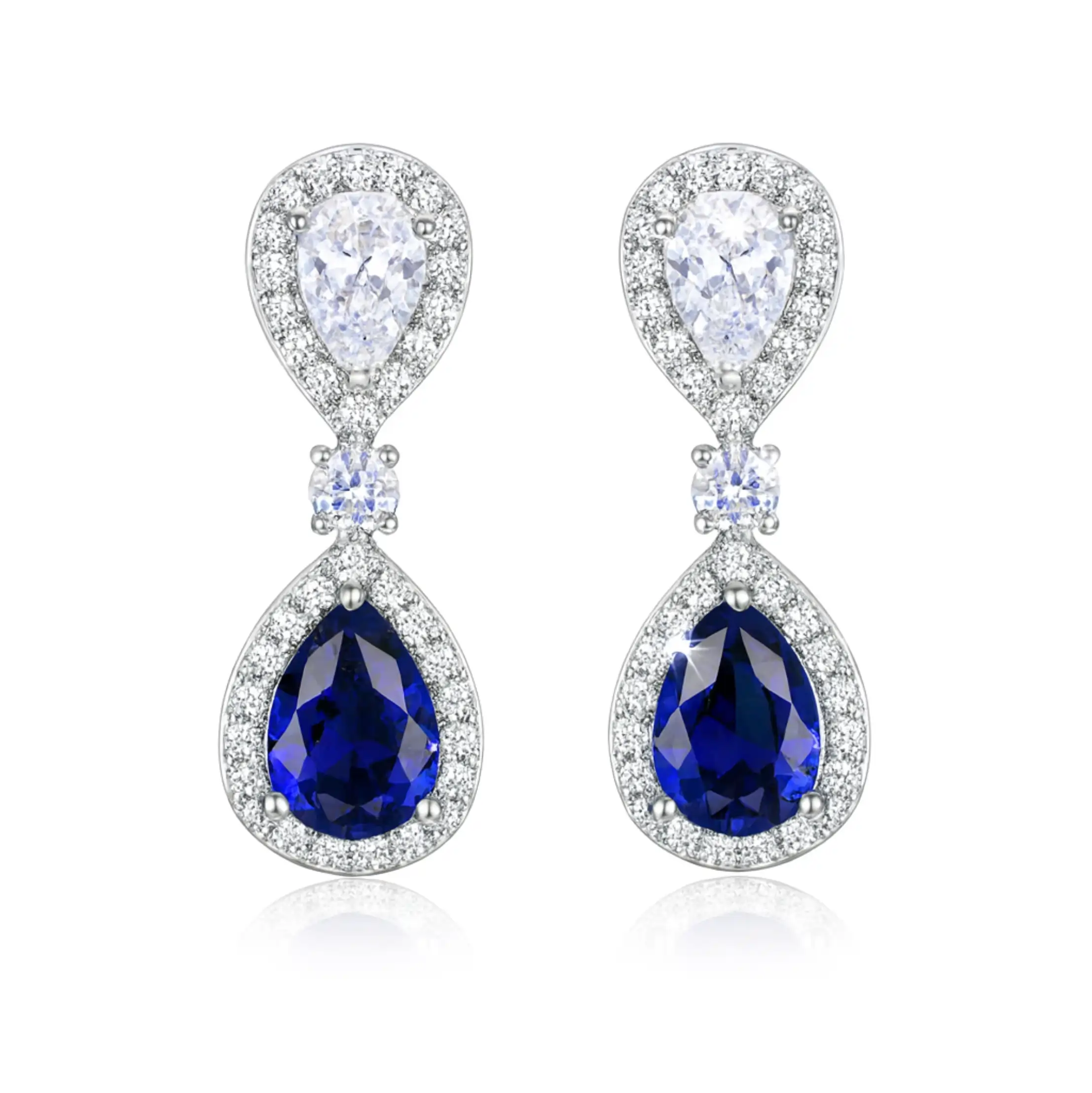 Silver Plated Blue CZ Water Drop Wedding Earrings for Women