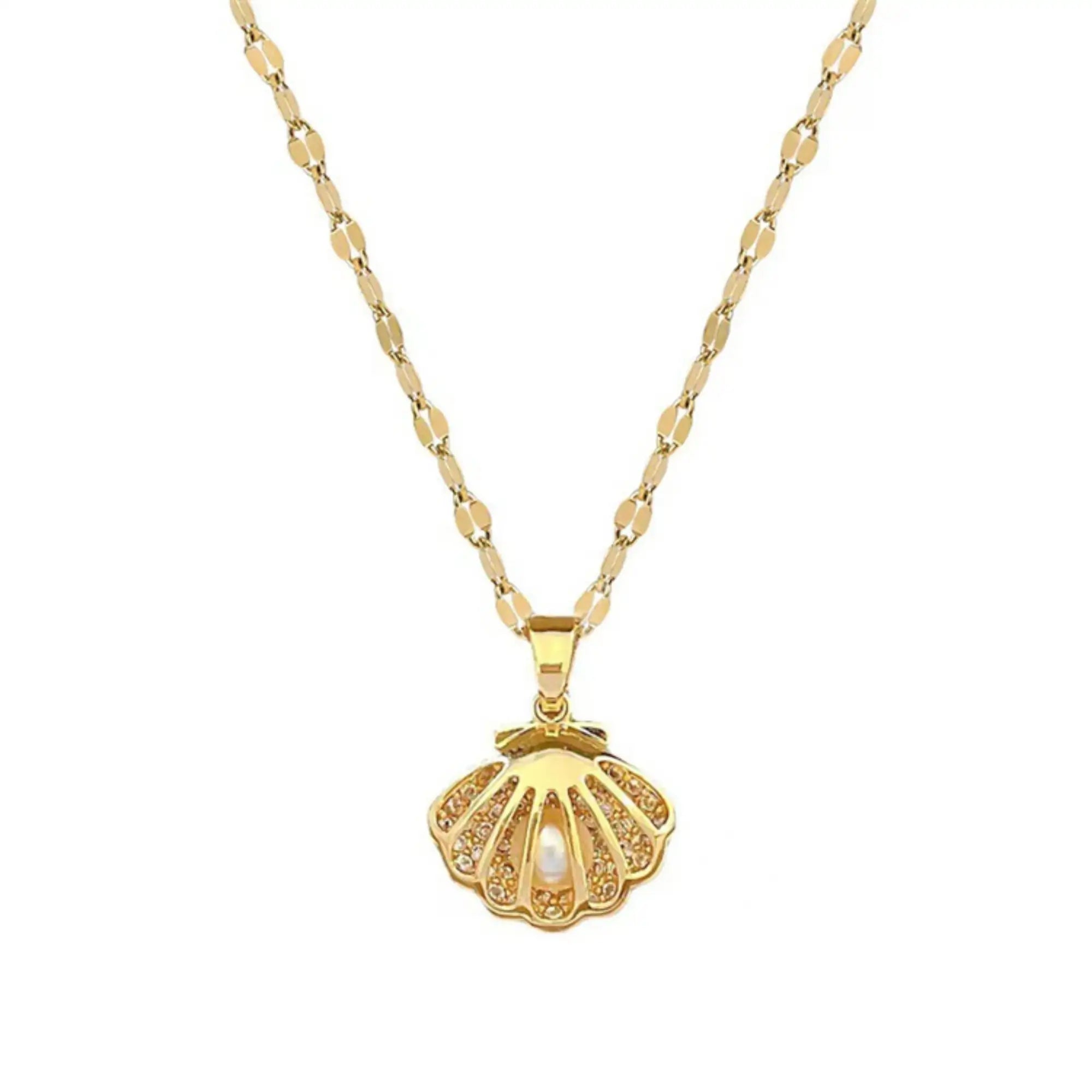Gold Seashell Zircon Pearl Necklace
