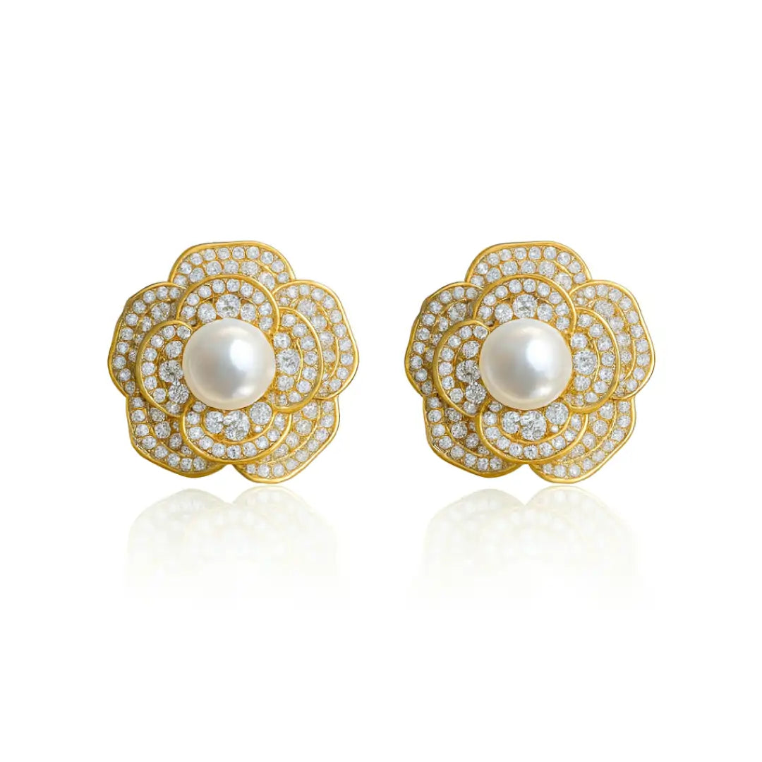 Gold Plated Camellia Pearl Stud Earrings