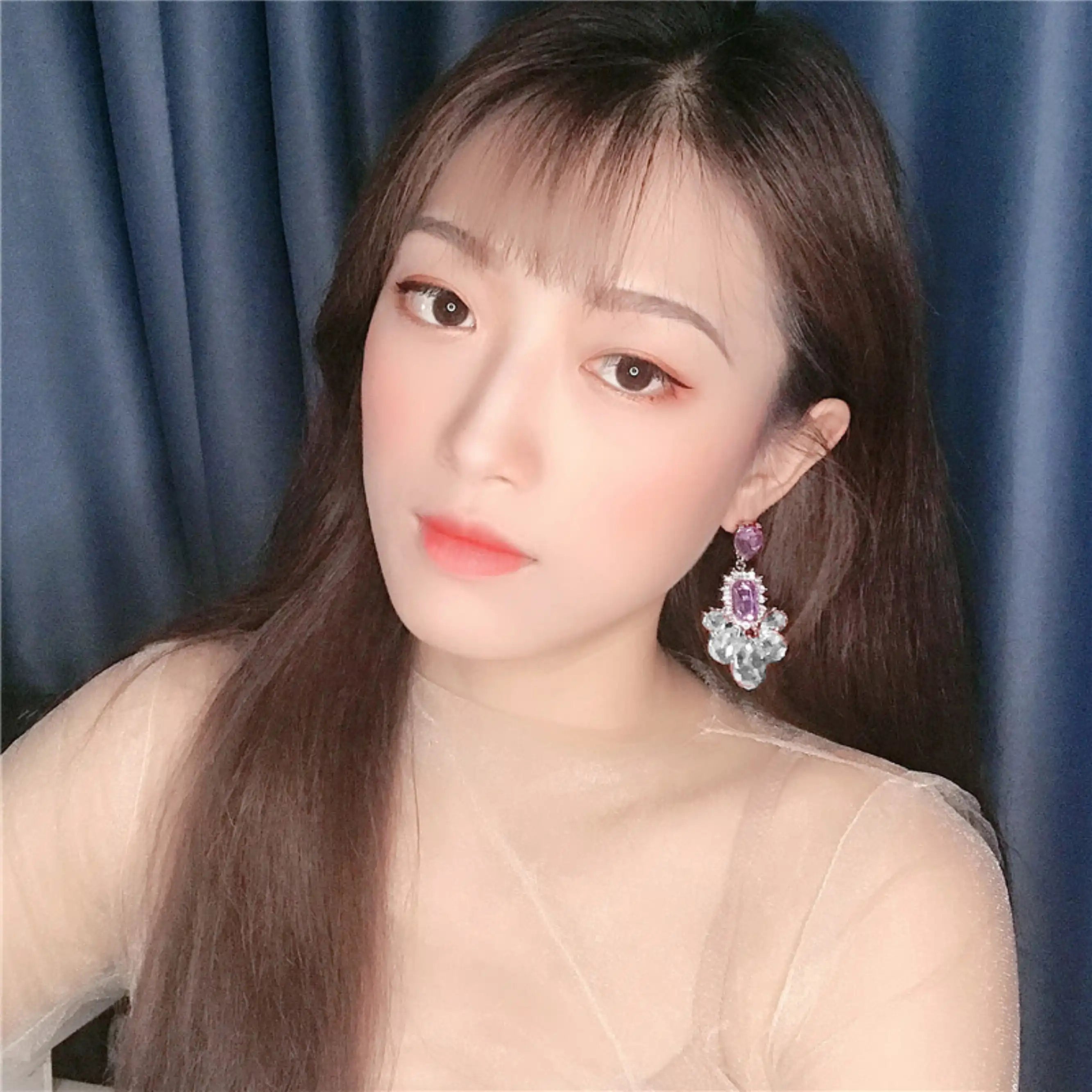 Purple Crystal Long Drop Earrings