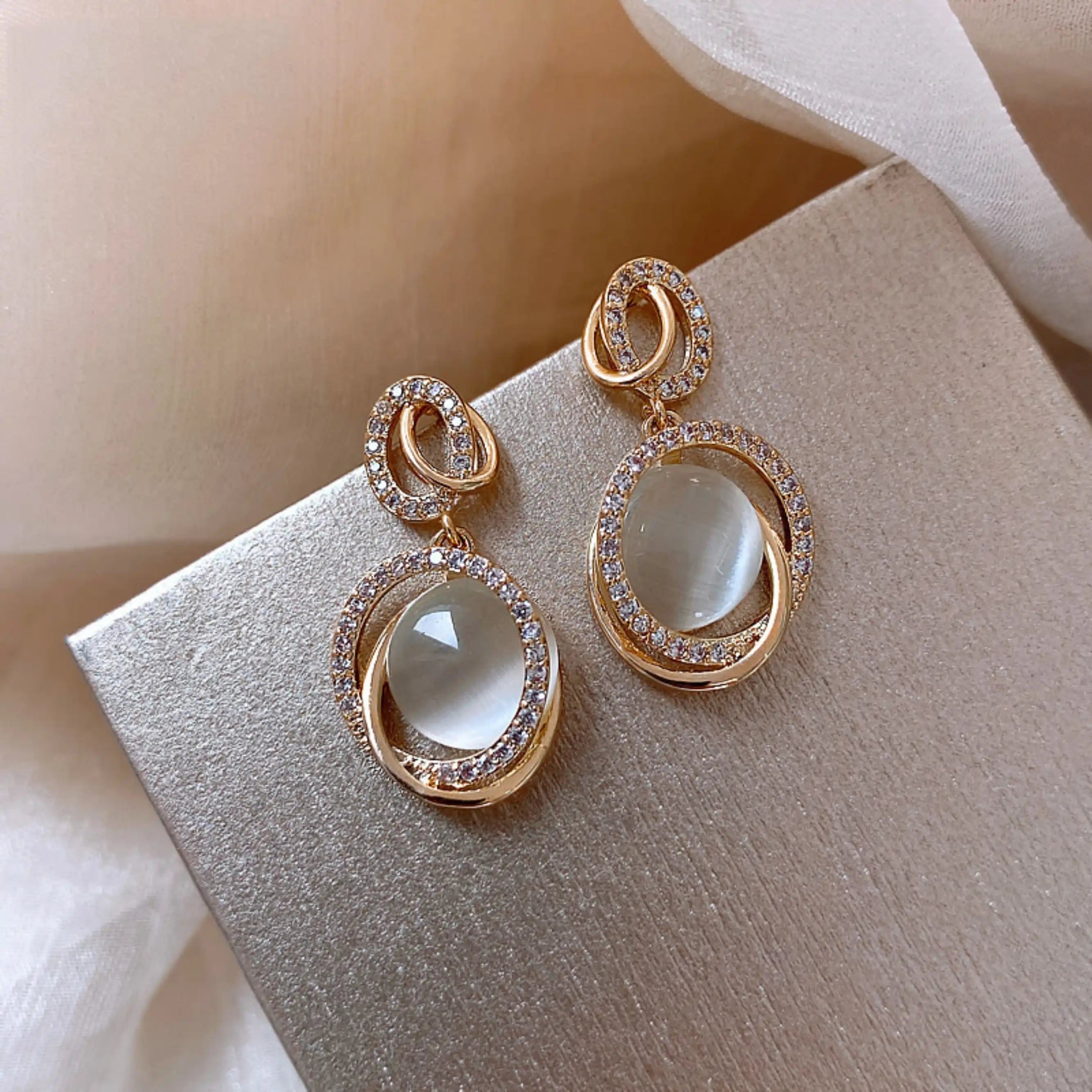 Gold Plated Oval Moonstone CZ Engagement Earrings