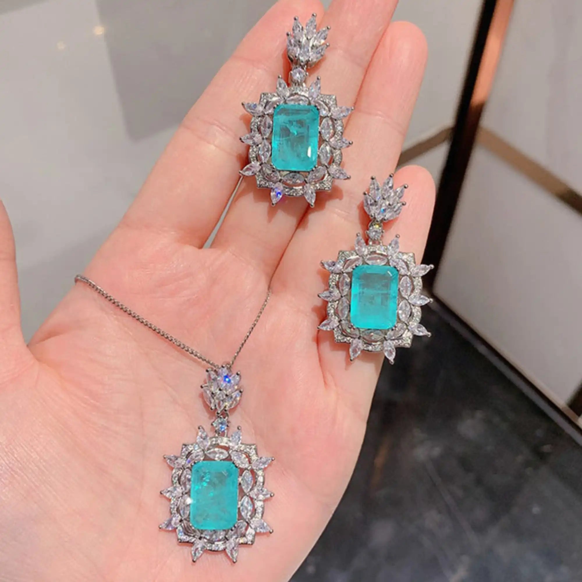 Emerald Cut Blue Zircon Jewelry Set