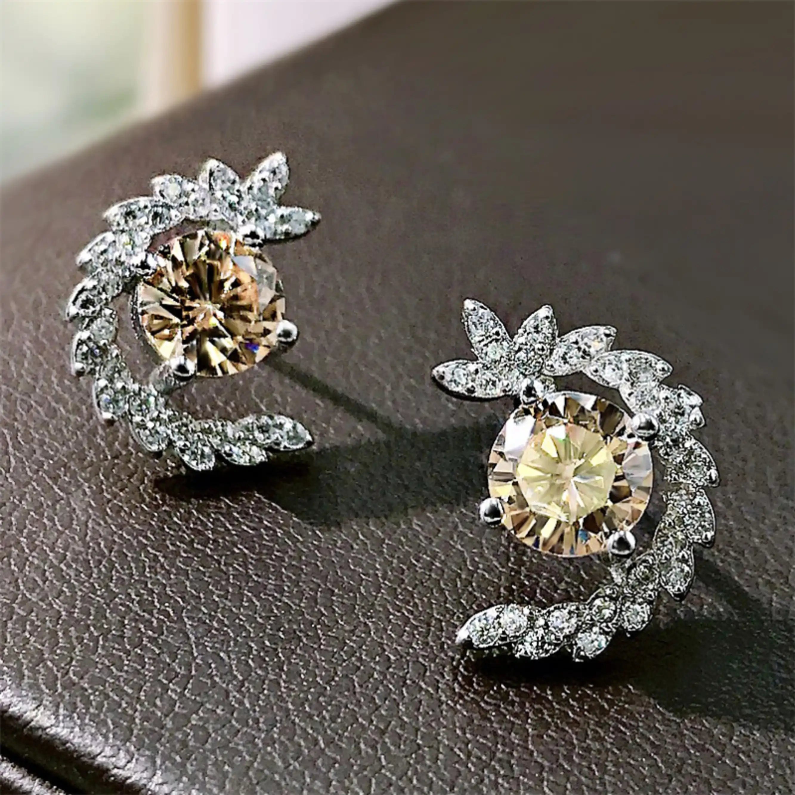 Chic Champagne CZ Leaf Wedding Earrings