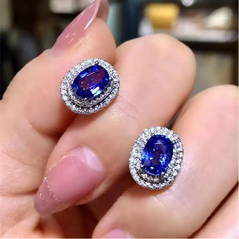 Blue Crystal Oval Stud Earrings