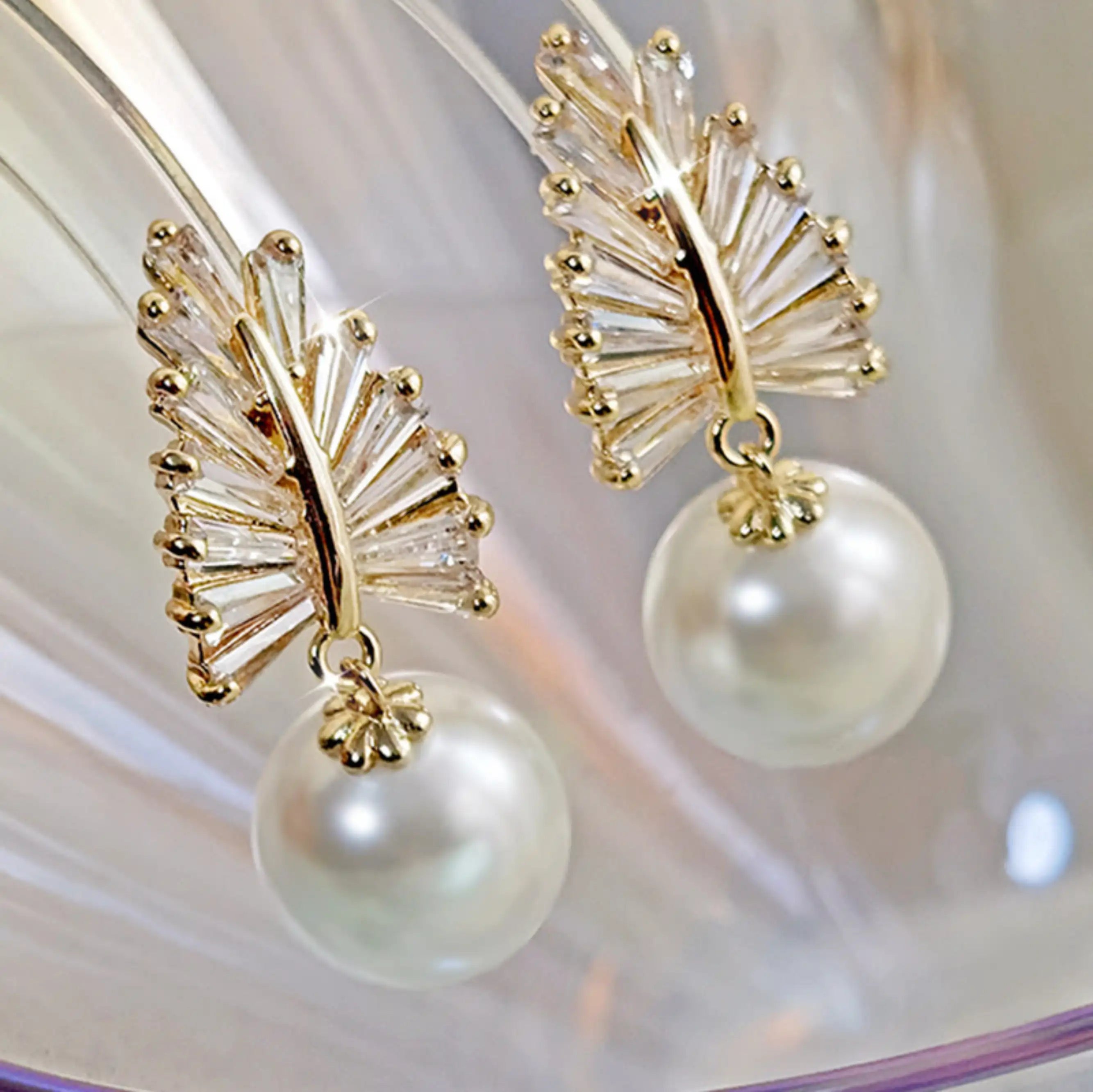 18K Gold Pearl CZ Leaf Drop Earrings