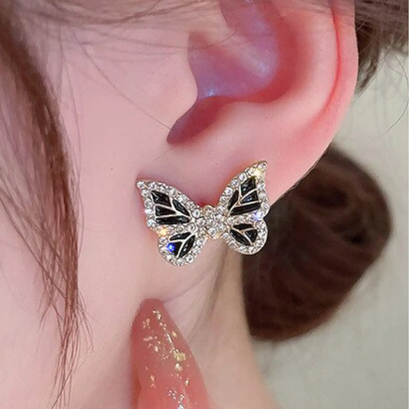 S925 Post Black CZ Butterfly Stud Earrings
