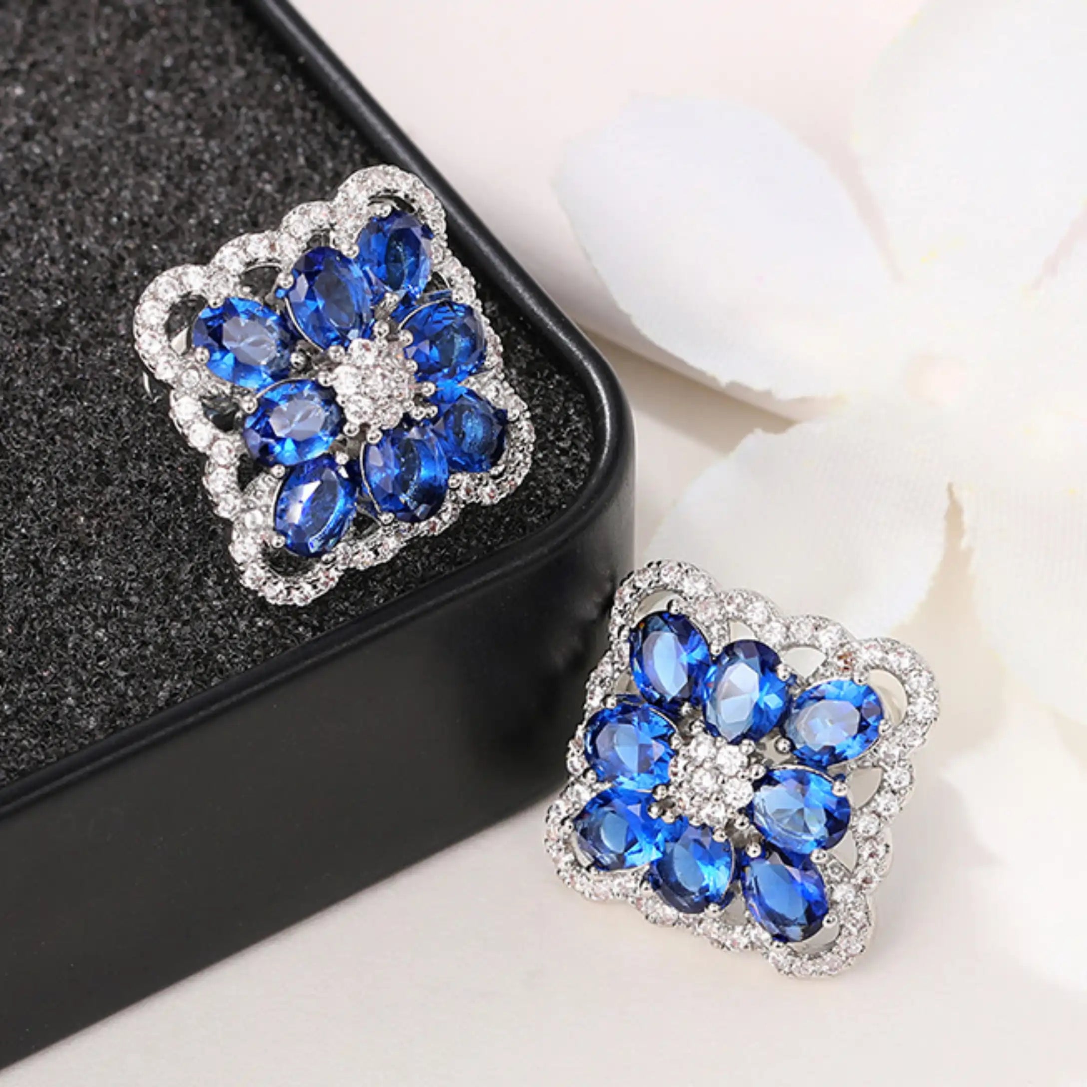 Exquisite Blue CZ Flower Drop 925 Silver Coating Earrings