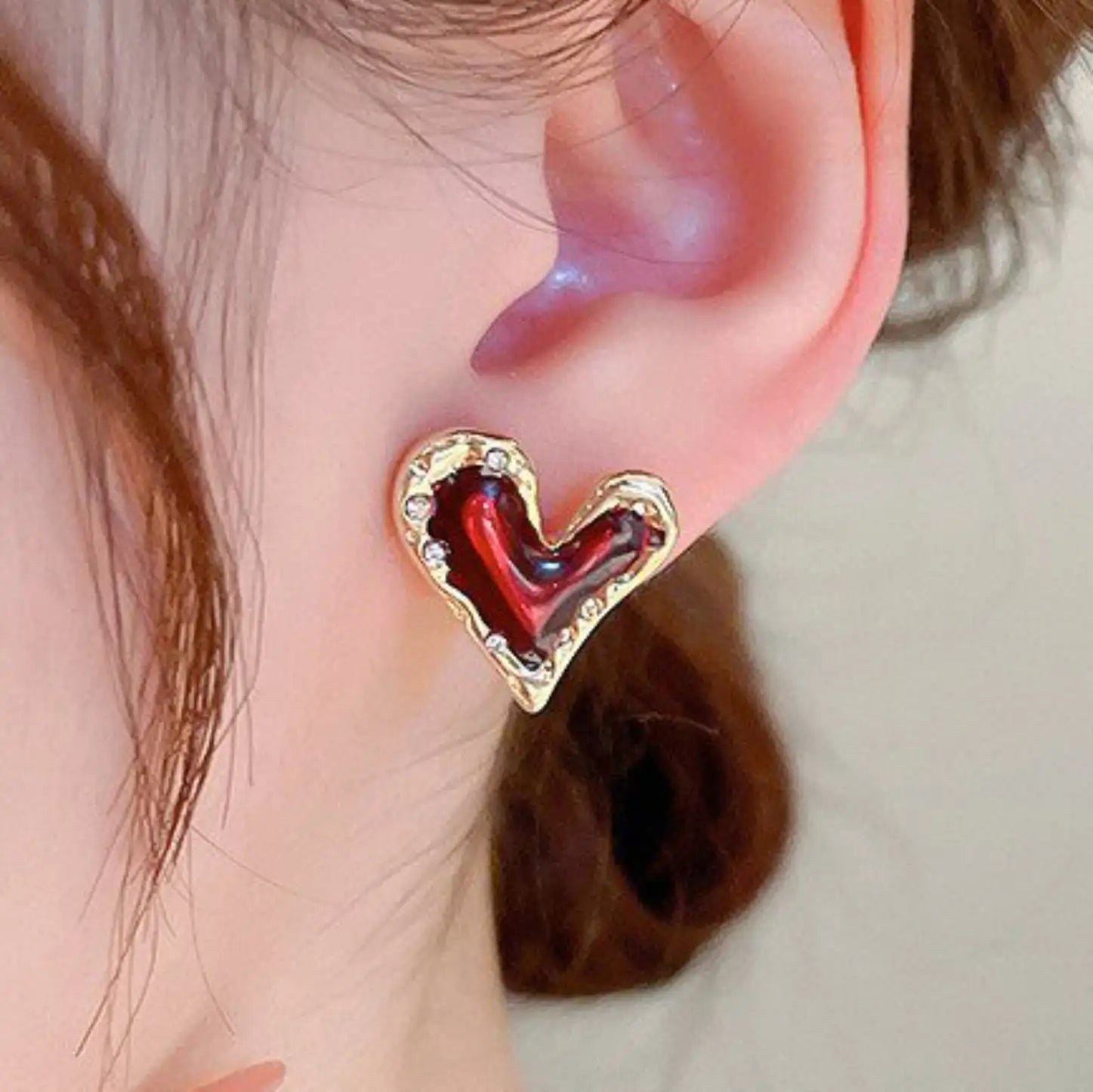 14K Gold Plated Elegant Red Heart Stud Earrings
