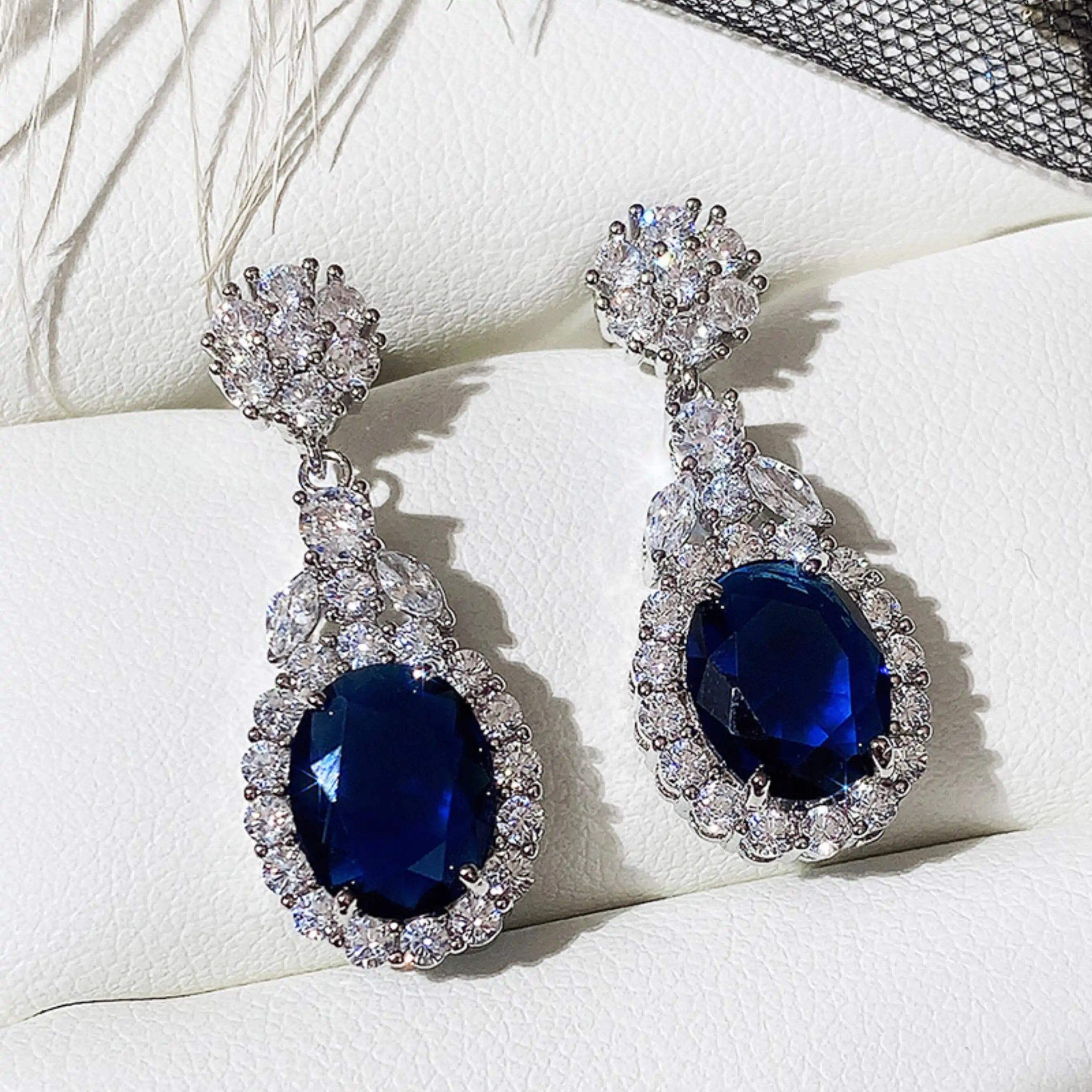 Sapphire Blue CZ Oval Drop Earrings