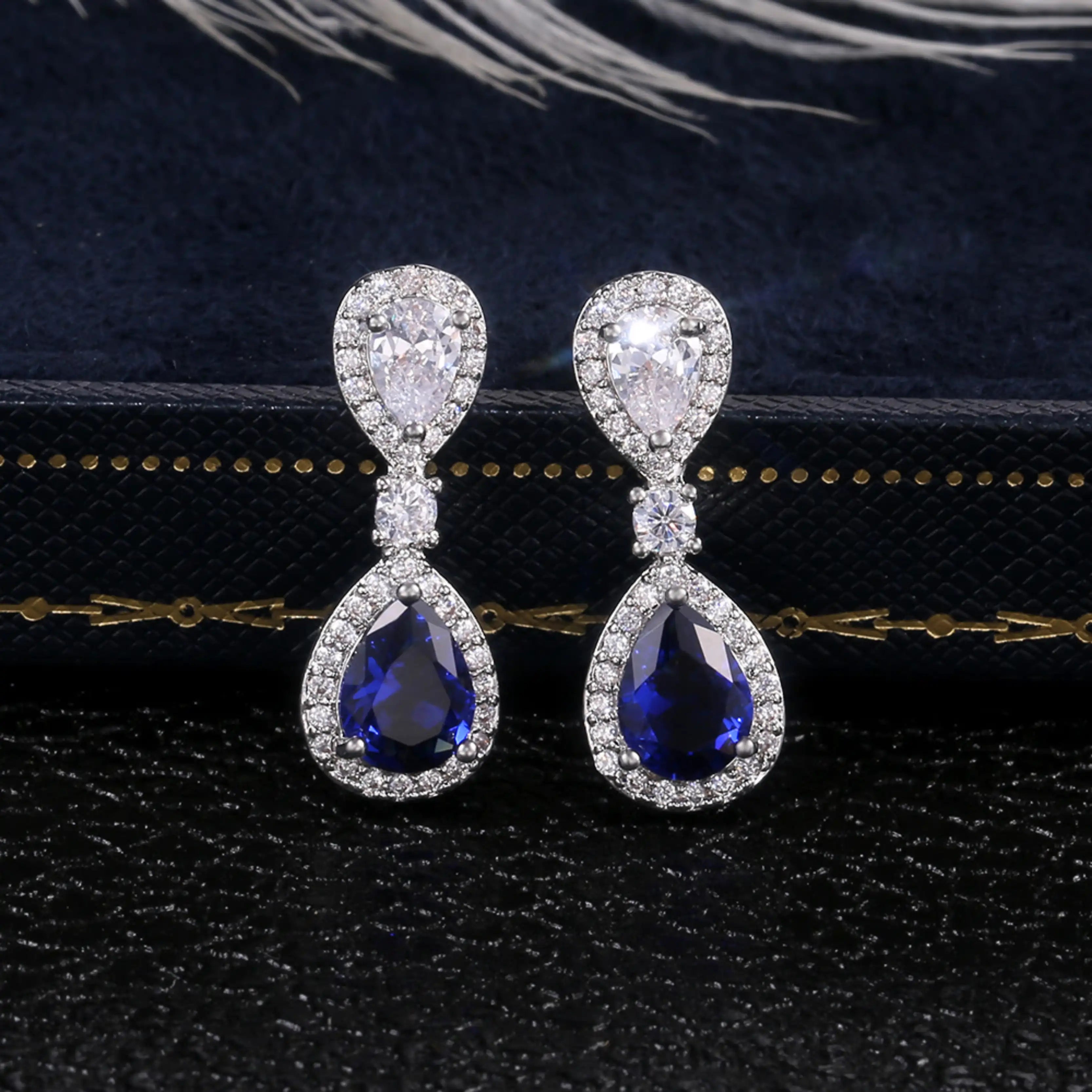Silver Plated Blue CZ Water Drop Wedding Earrings for Women
