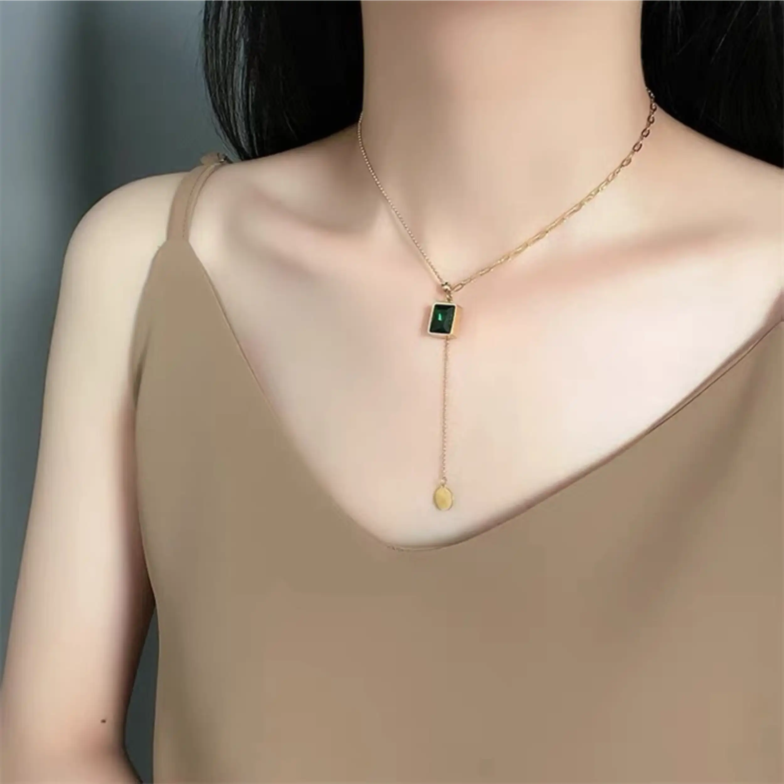 18K Gold Black Enamel Rectangle Necklace
