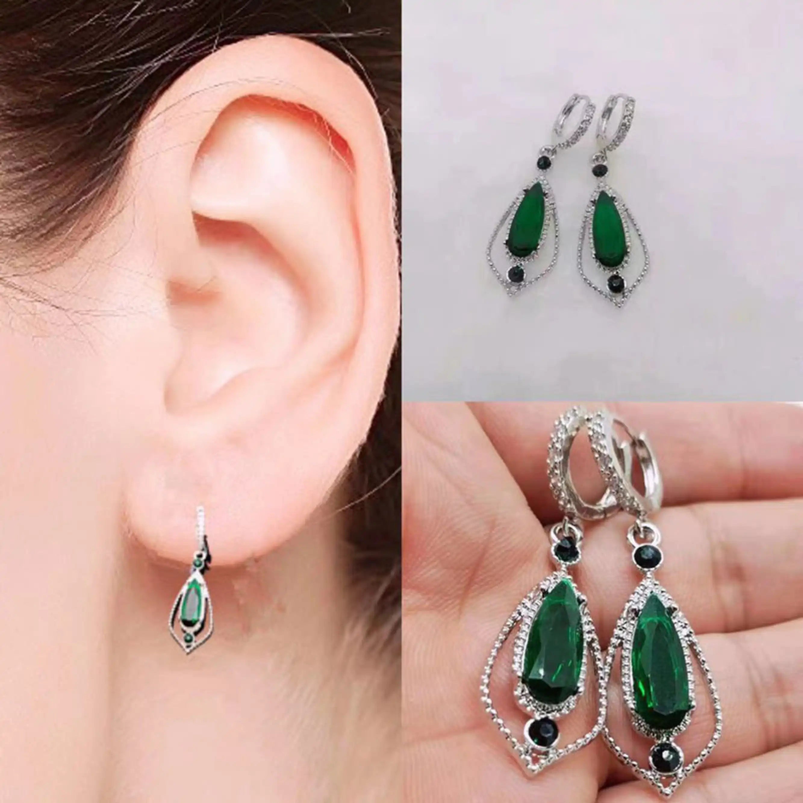 Emerald CZ Geometric Drop Earrings