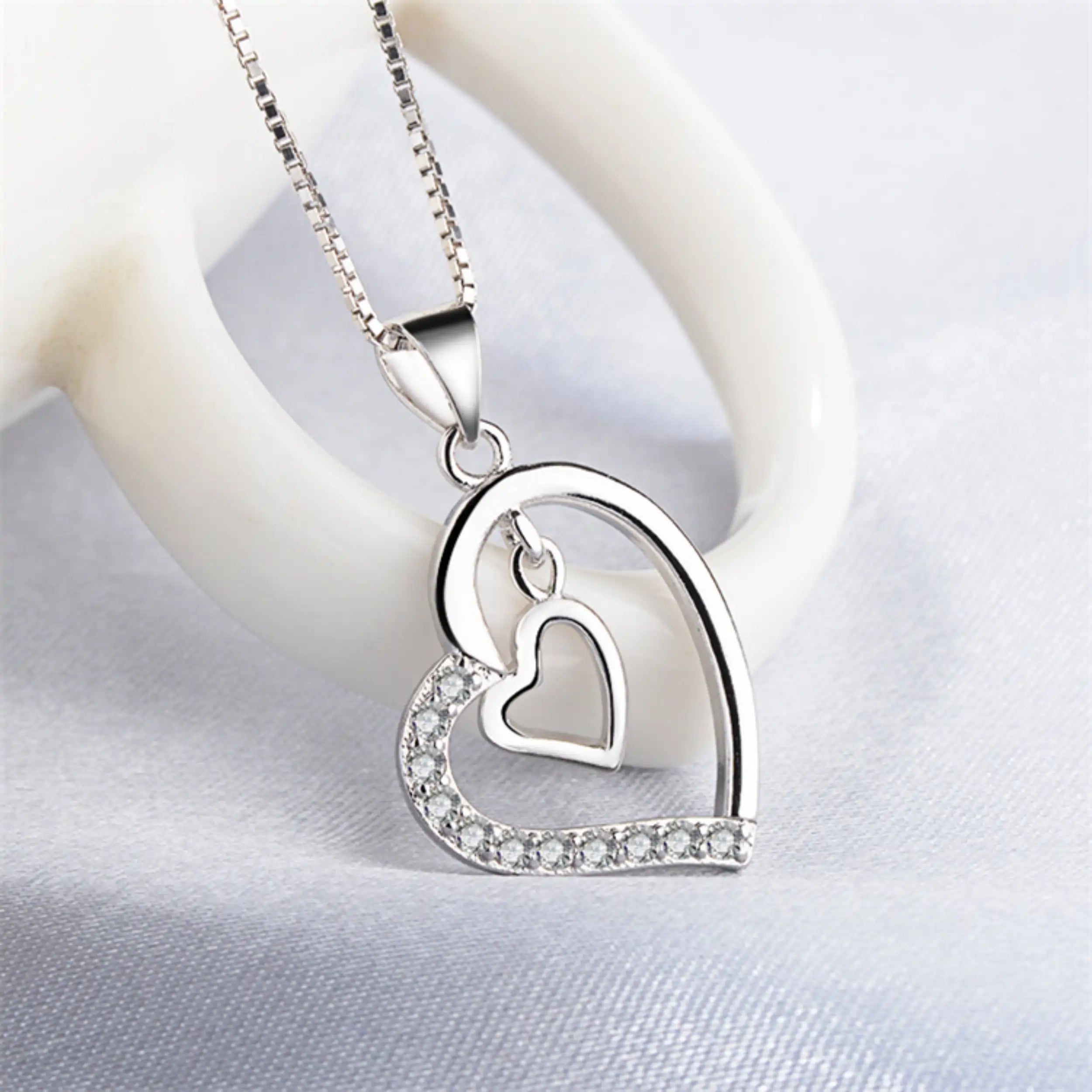 Silver Double Heart Diamond Pendant Necklace