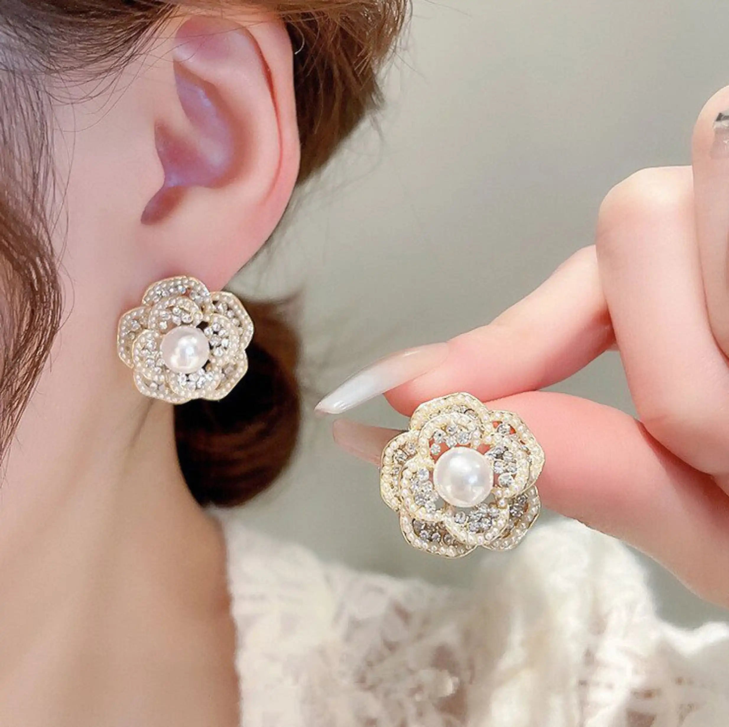 Gold Plated Camellia Pearl Stud Earrings