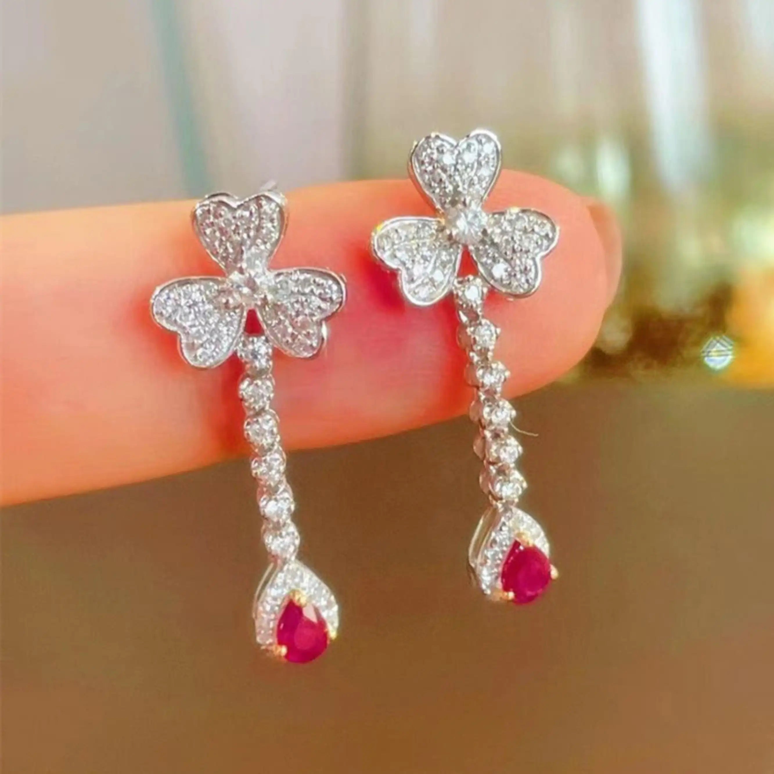 Silver Pink Crystal CZ Wedding Earrings