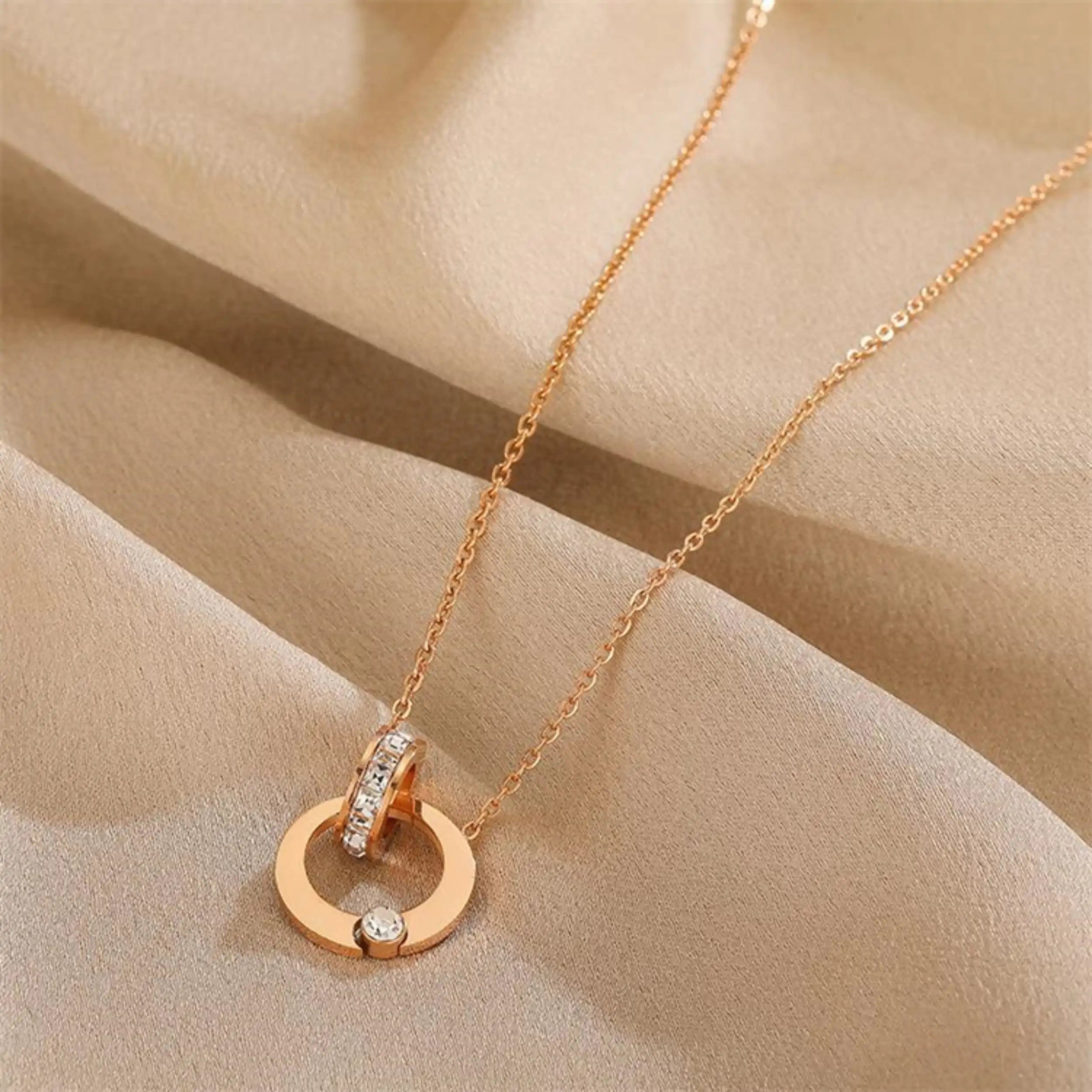 Titanium Steel Double Ring Crystal Necklace