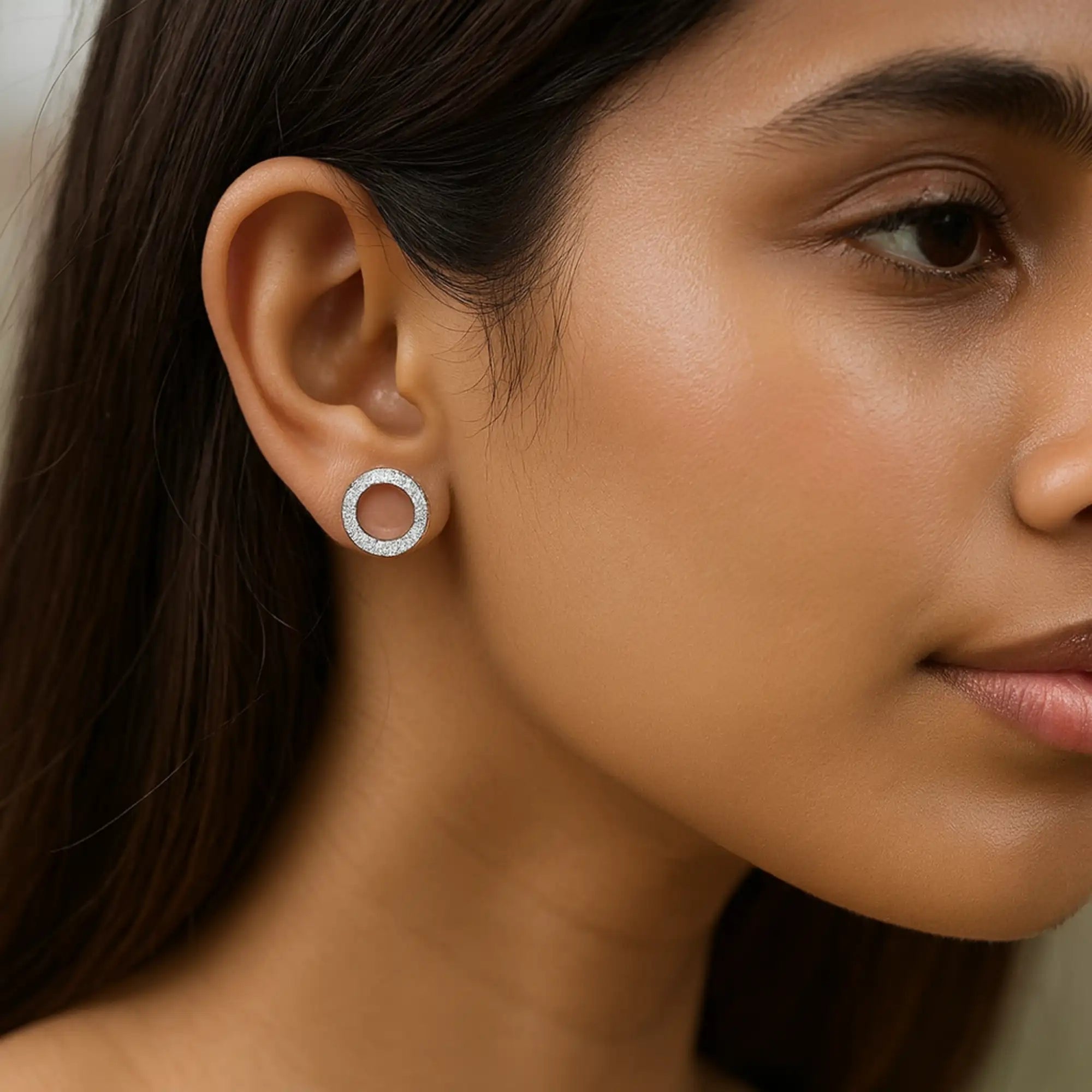 Hollow CZ Circle Stud Earrings