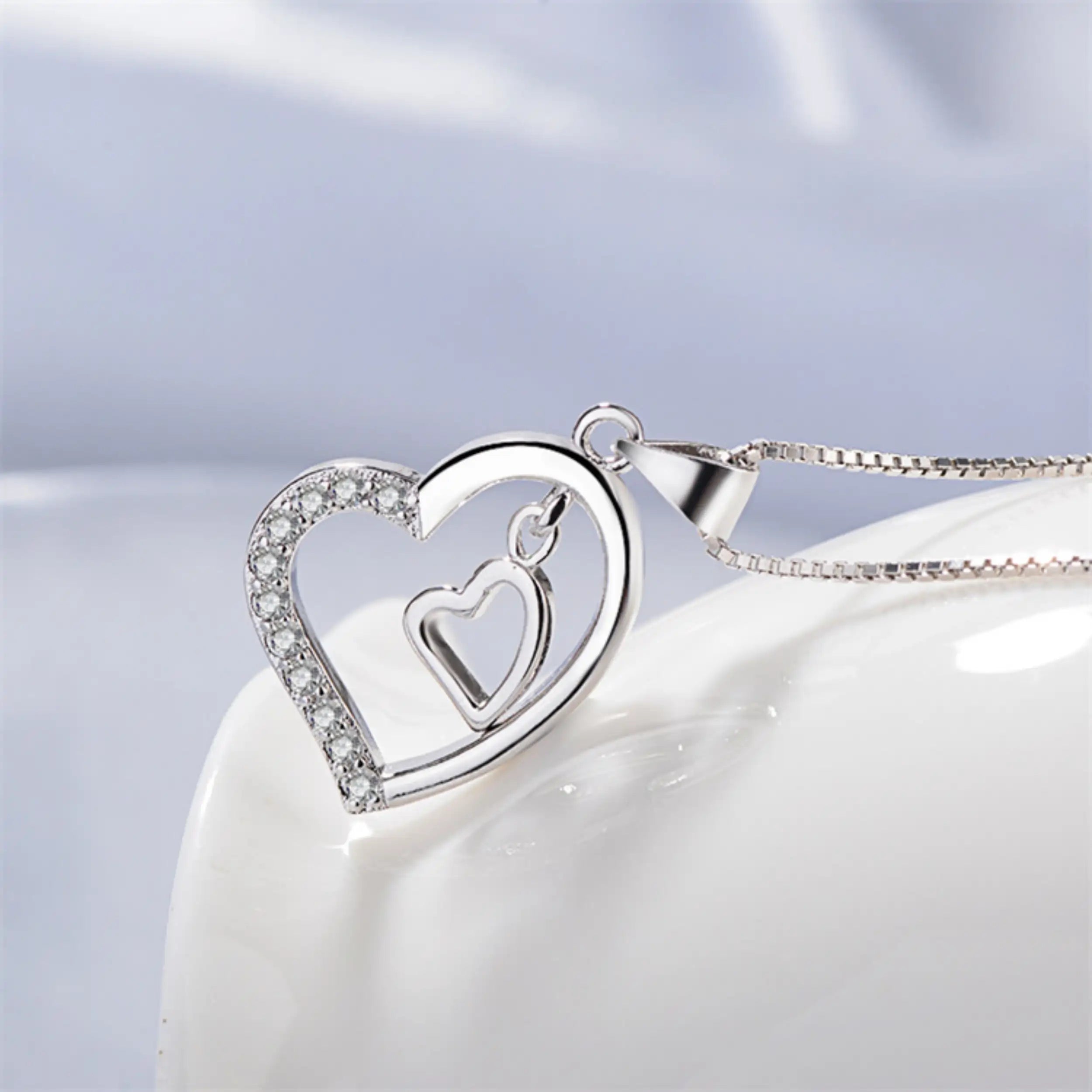 Silver Double Heart Diamond Pendant Necklace